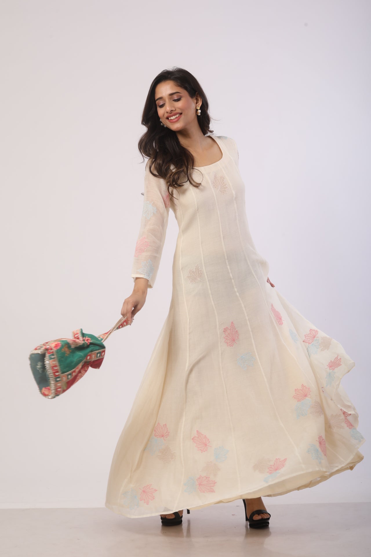 Off-White Chanderi Anarkali with Patch Work