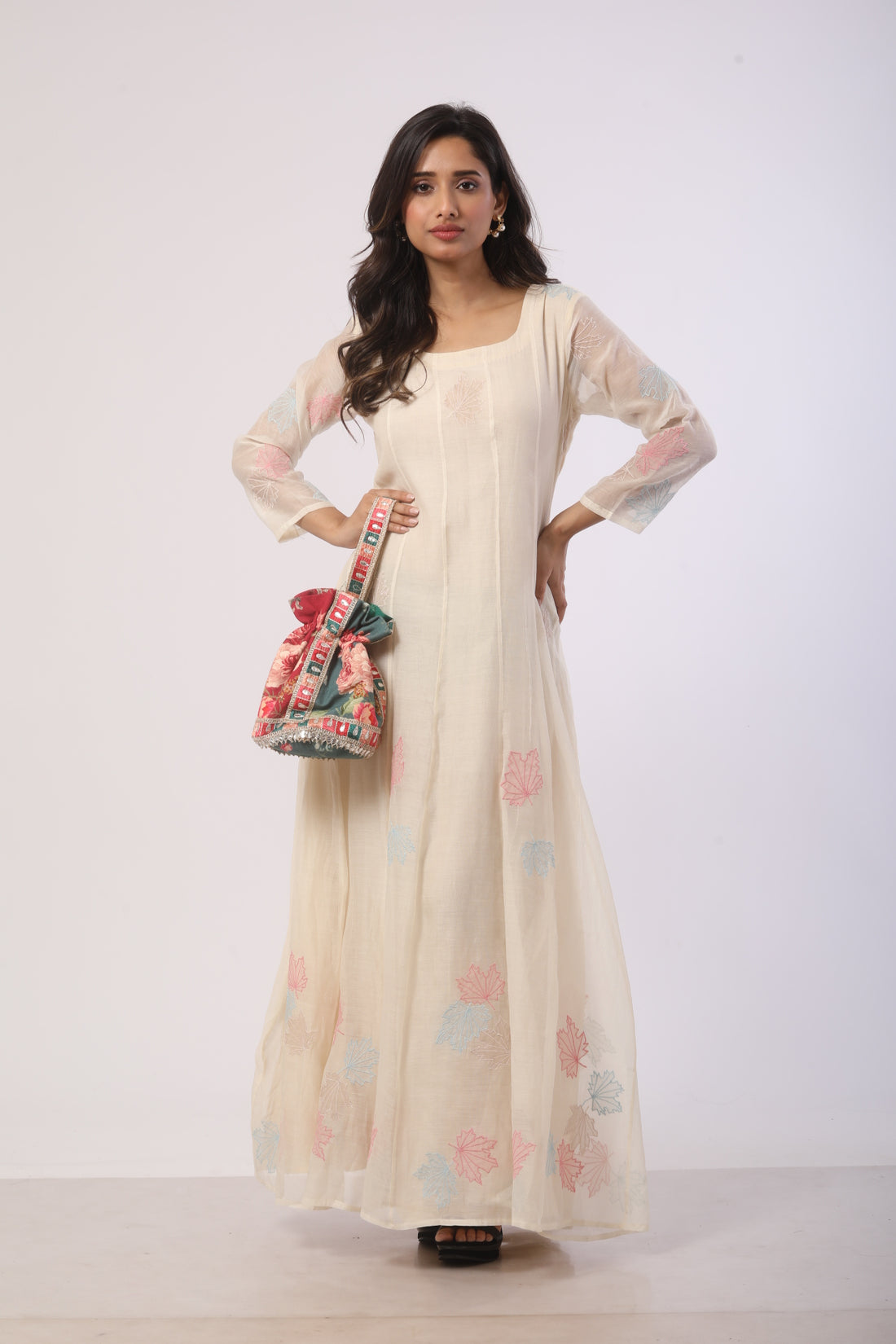 Off-White Chanderi Anarkali with Patch Work