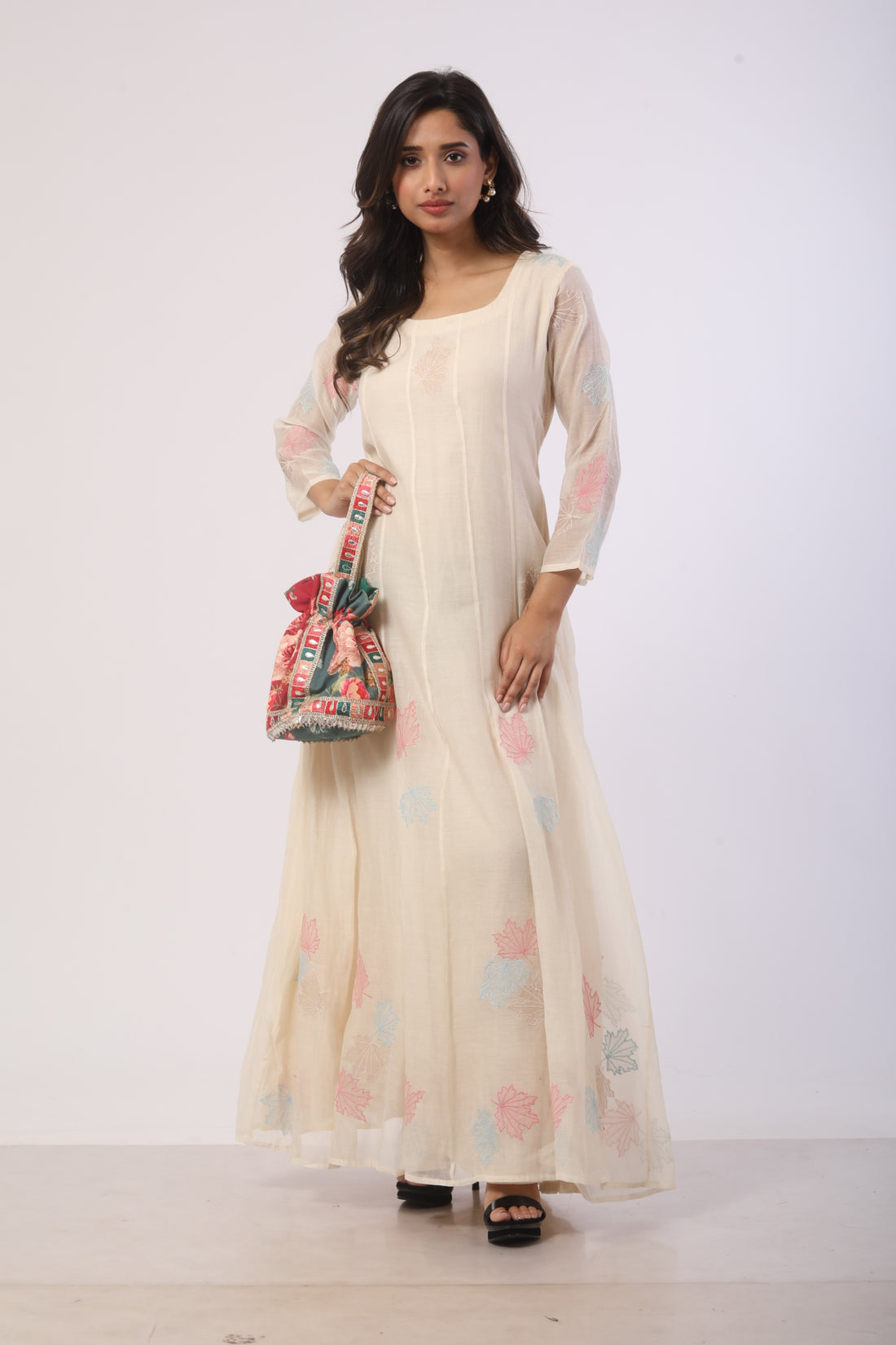 Off-White Chanderi Anarkali with Patch Work