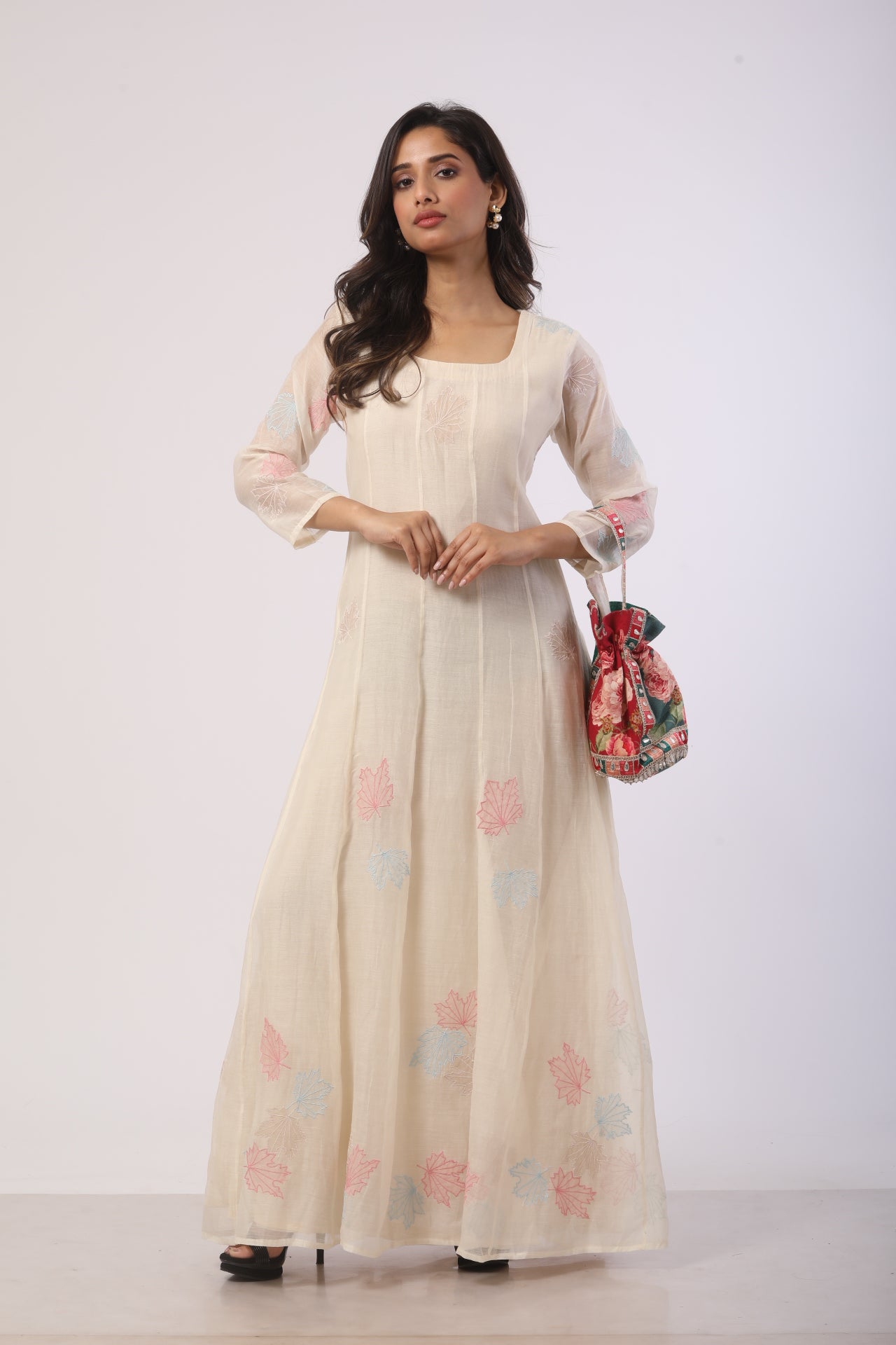 Off-White Chanderi Anarkali with Patch Work