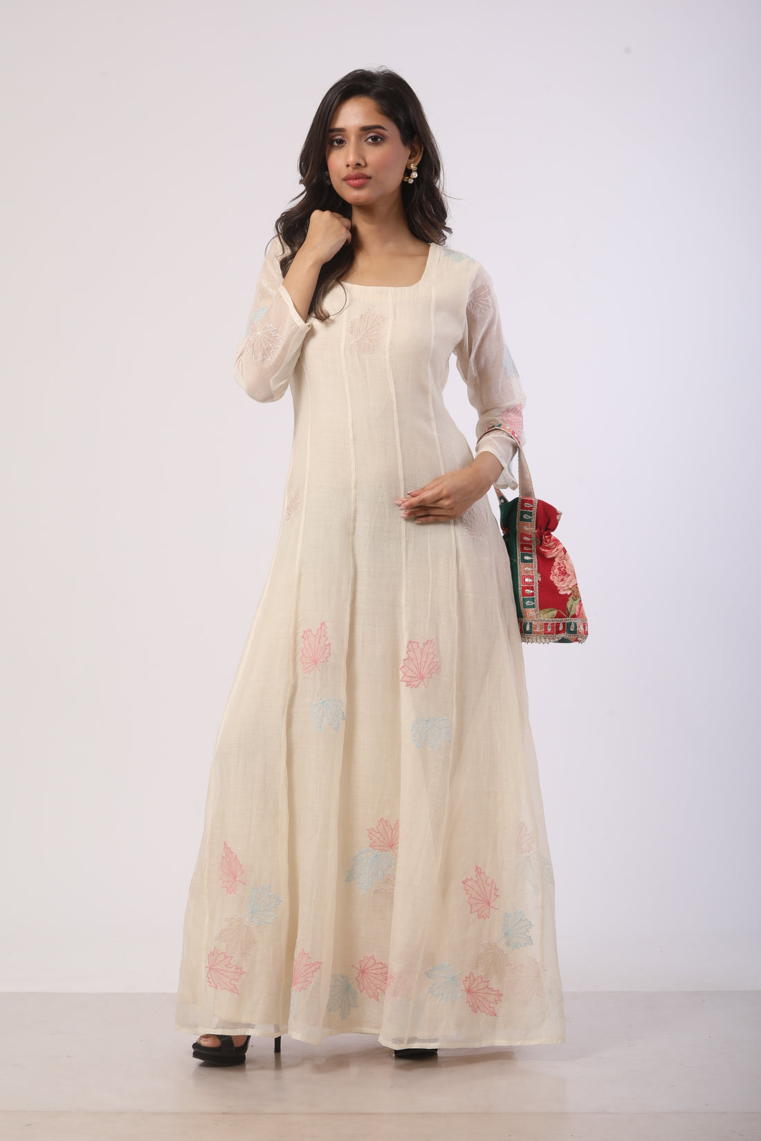 Off-White Chanderi Anarkali with Patch Work