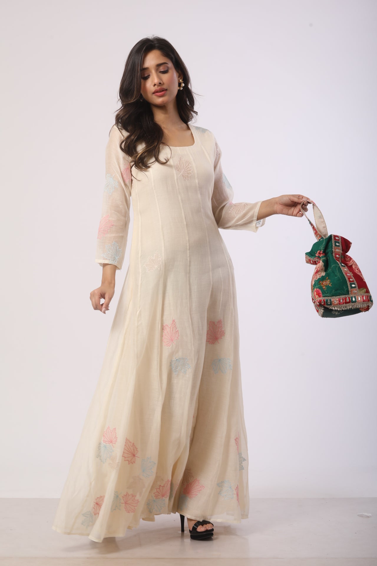 Off-White Chanderi Anarkali with Patch Work