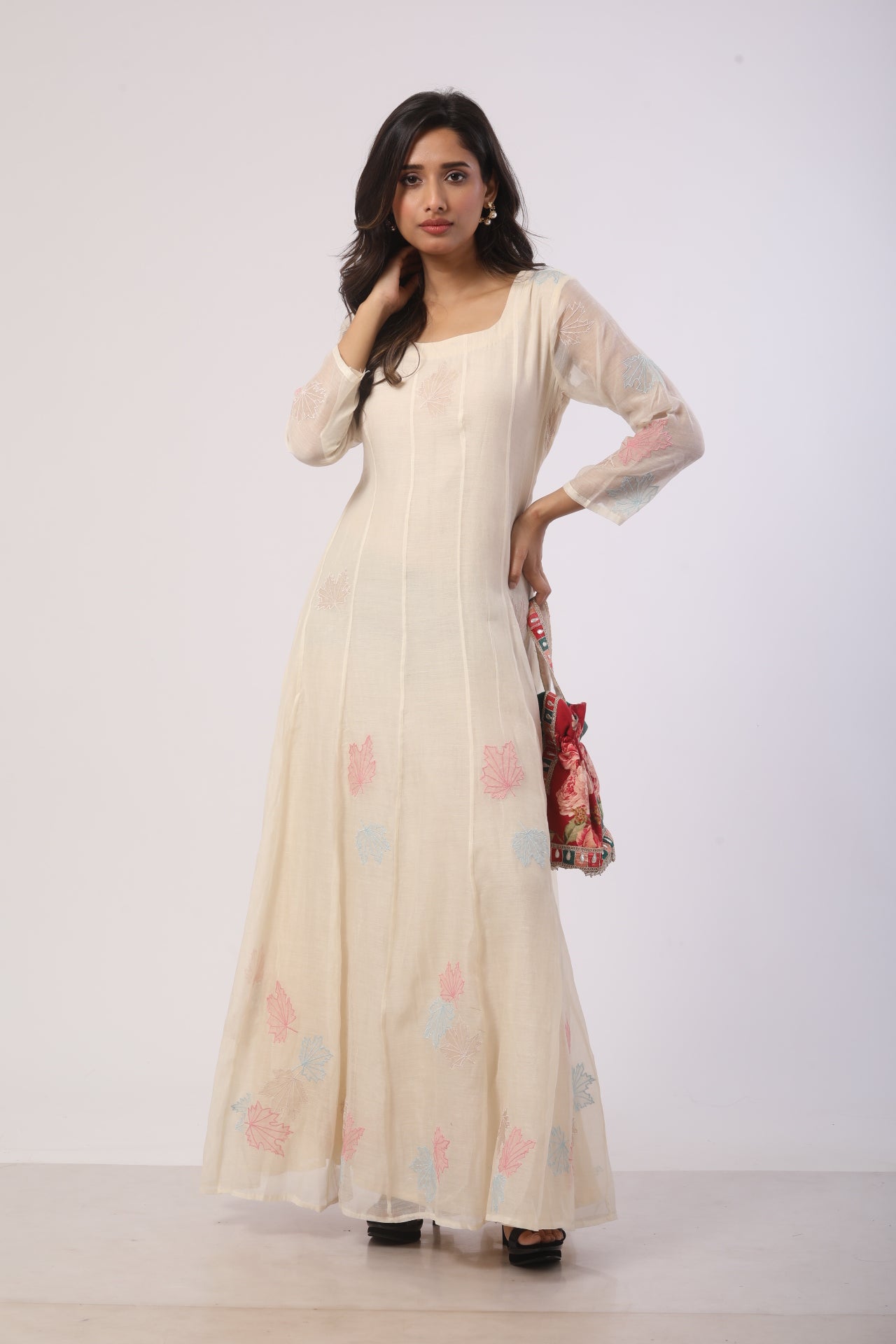 Off-White Chanderi Anarkali with Patch Work