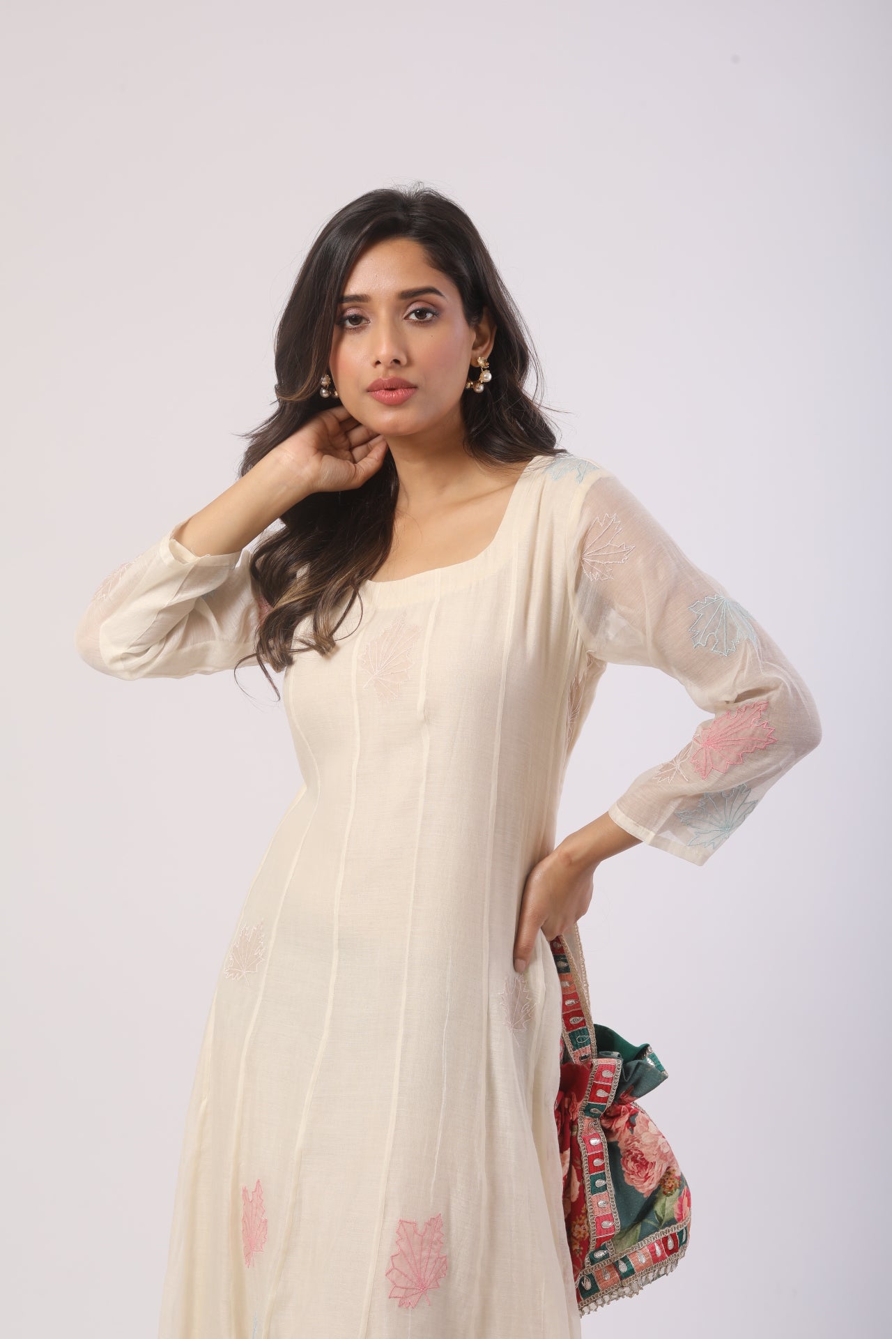 Off-White Chanderi Anarkali with Patch Work