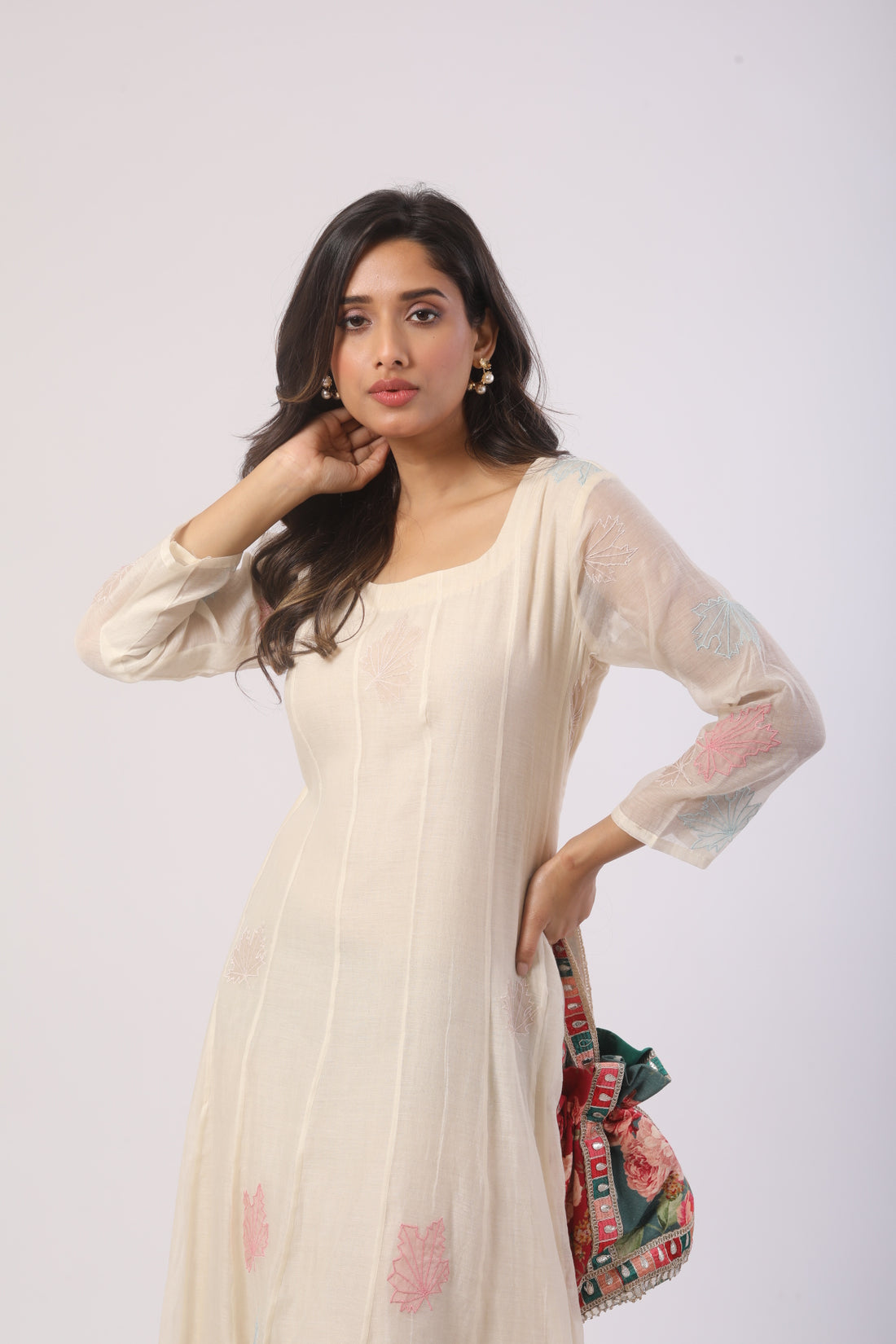 Off-White Chanderi Anarkali with Patch Work