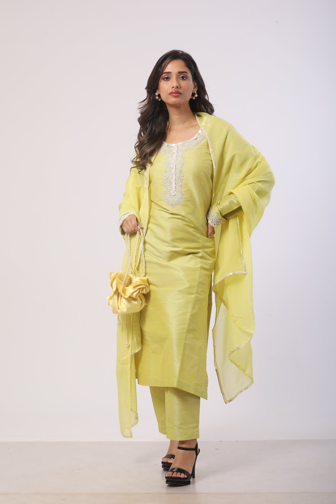 Lemon Green Seltos Suit Set with Viscose Organza Dupatta