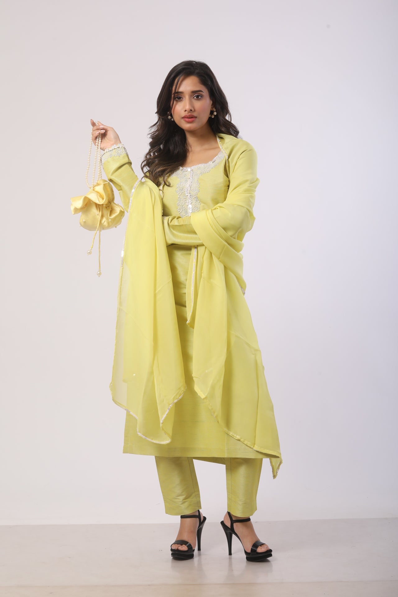 Lemon Green Seltos Suit Set with Viscose Organza Dupatta