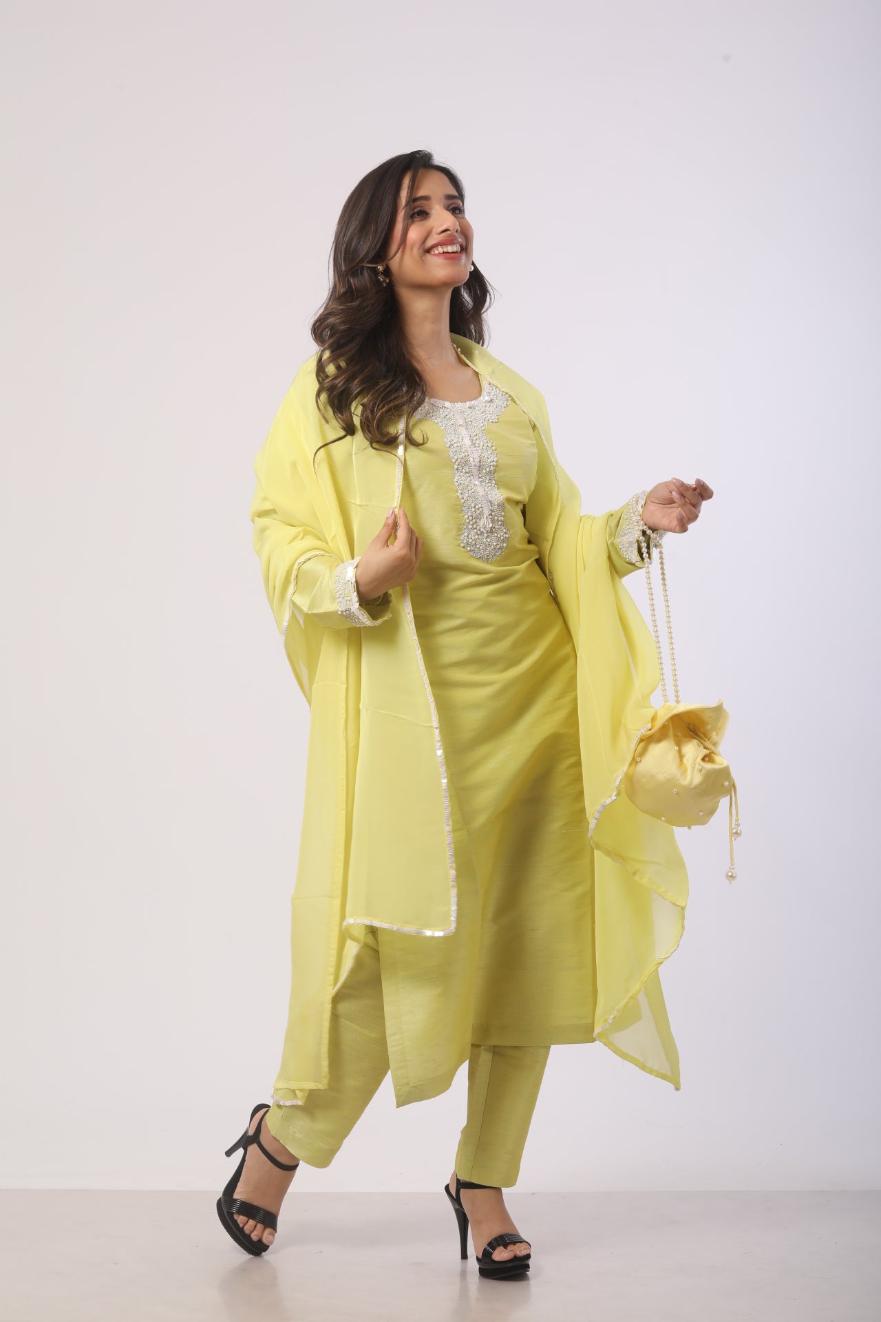 Lemon Green Seltos Suit Set with Viscose Organza Dupatta