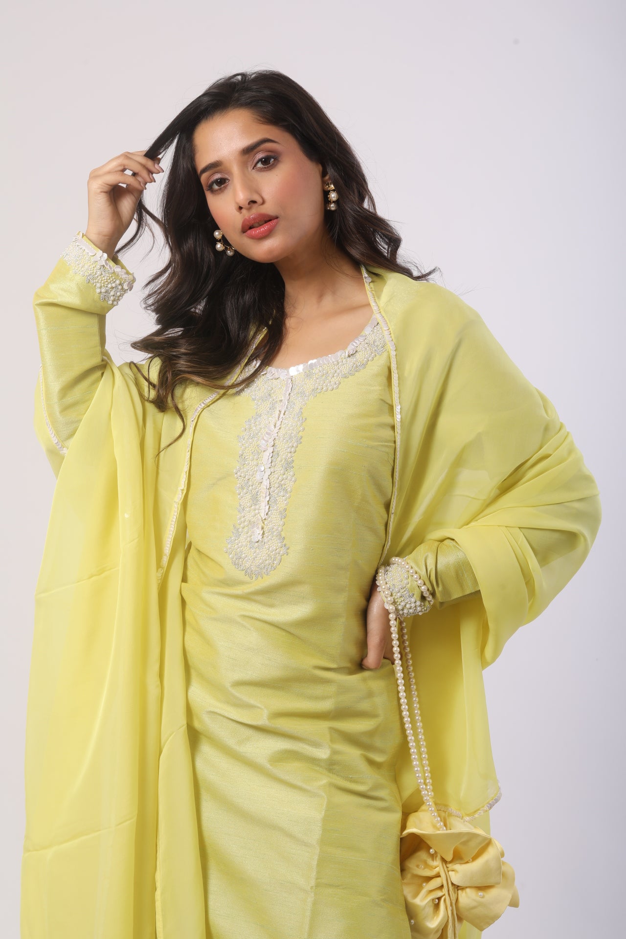 Lemon Green Seltos Suit Set with Viscose Organza Dupatta