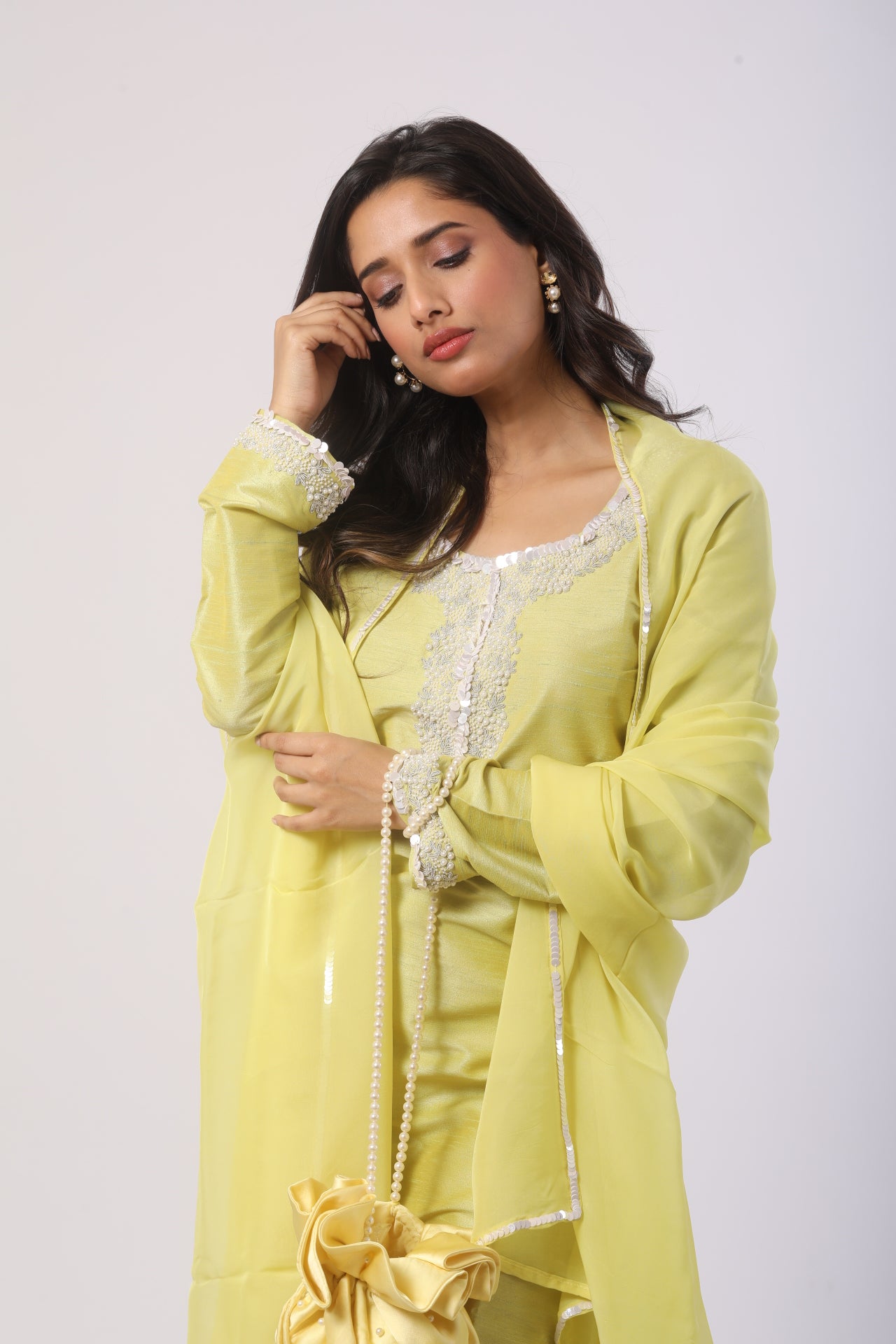 Lemon Green Seltos Suit Set with Viscose Organza Dupatta