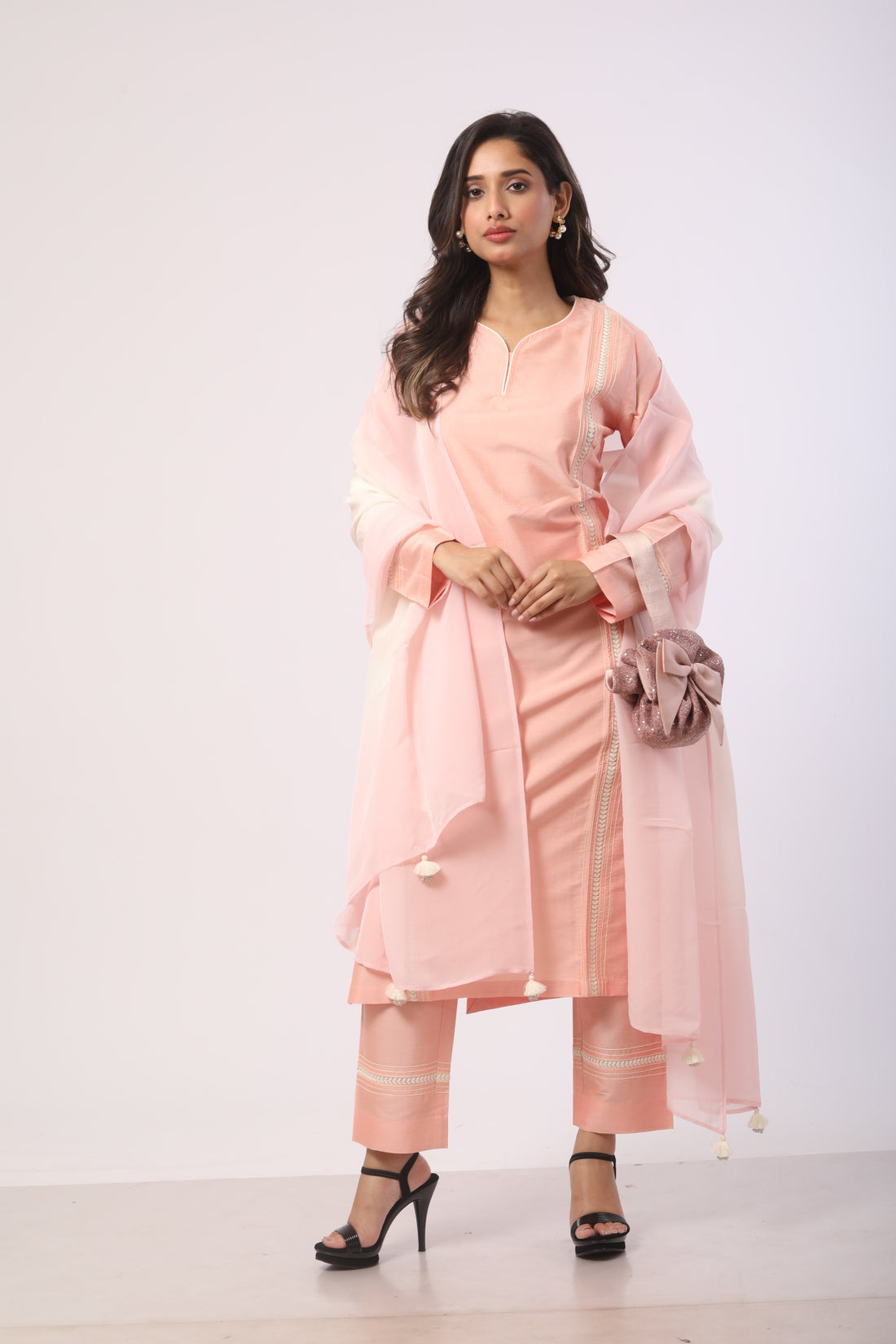 Peach Katan Silk Kurti Set With Ankaring Work & Organza Dupatta