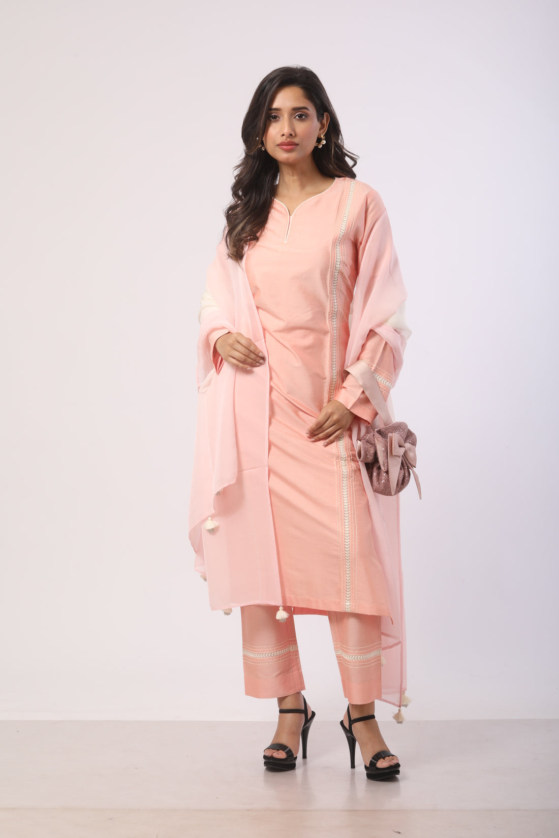 Peach Katan Silk Kurti Set With Ankaring Work & Organza Dupatta