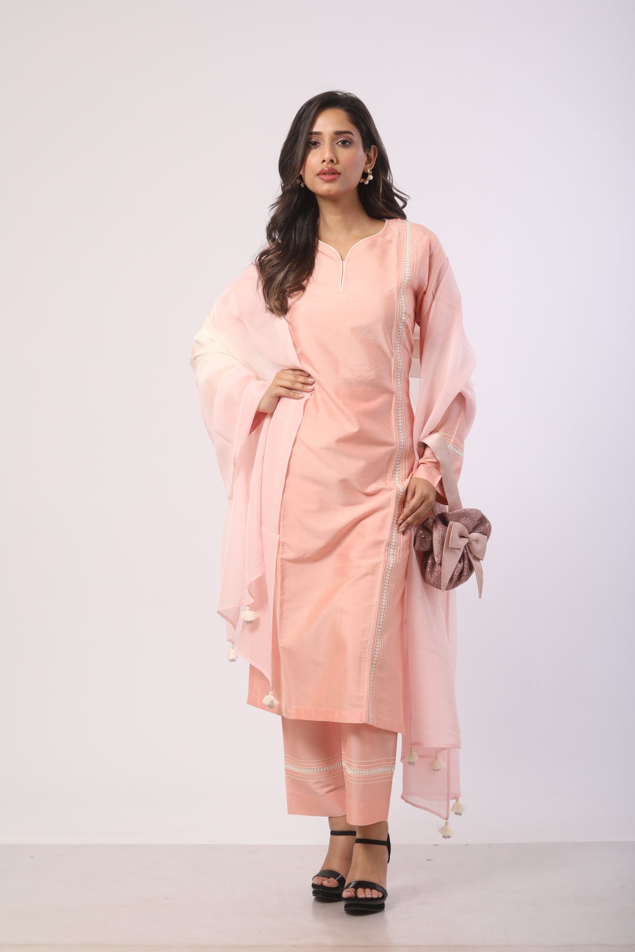 Peach Katan Silk Kurti Set With Ankaring Work & Organza Dupatta