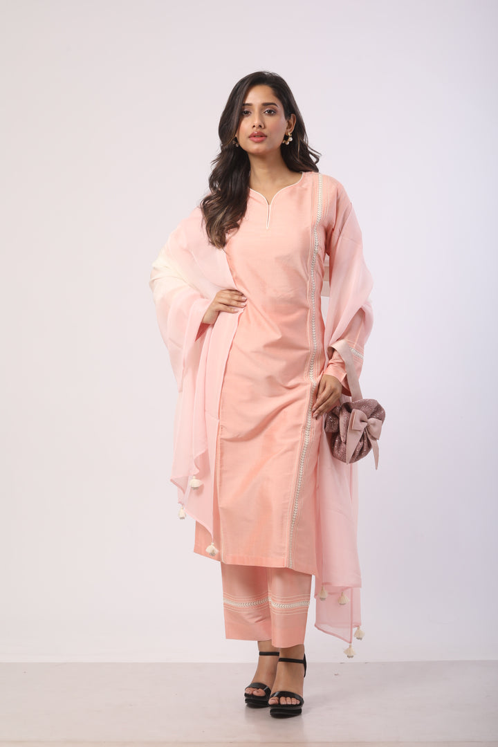Peach Katan Silk Kurti Set With Ankaring Work & Organza Dupatta