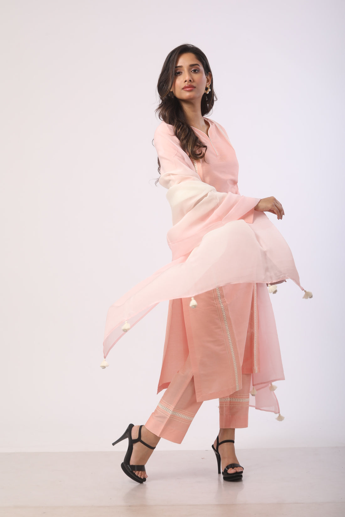 Peach Katan Silk Kurti Set With Ankaring Work & Organza Dupatta