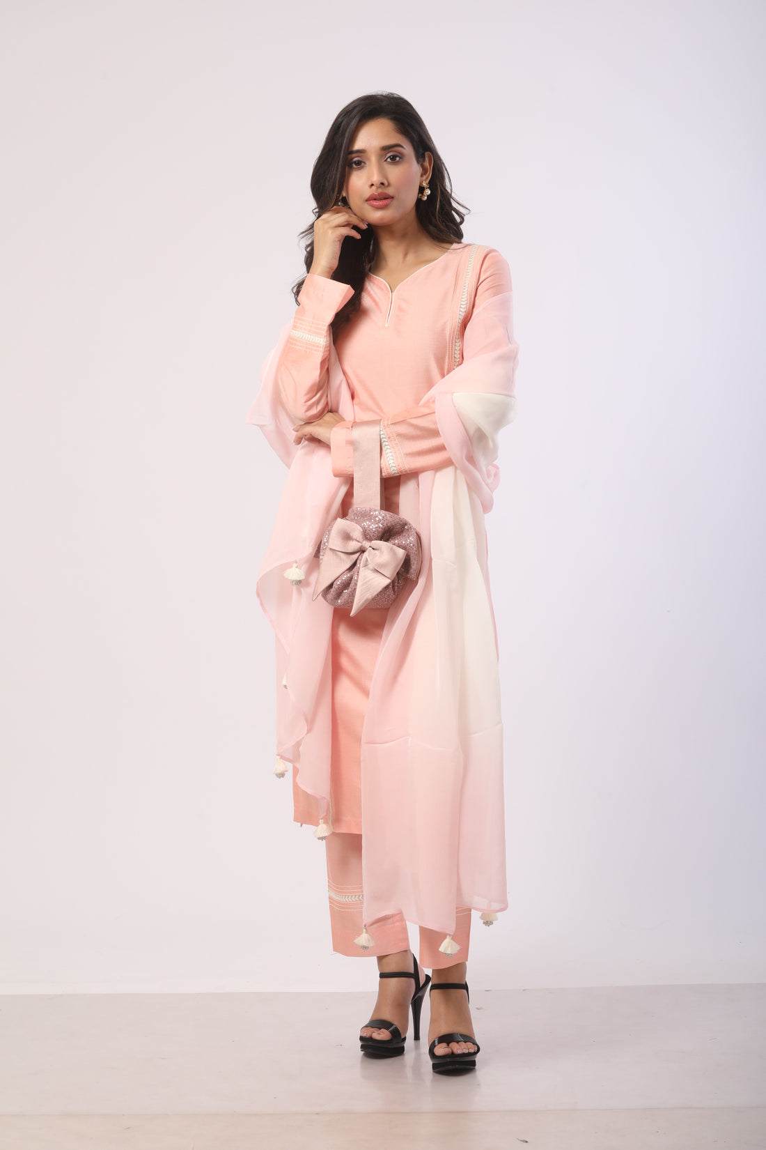 Peach Katan Silk Kurti Set With Ankaring Work & Organza Dupatta