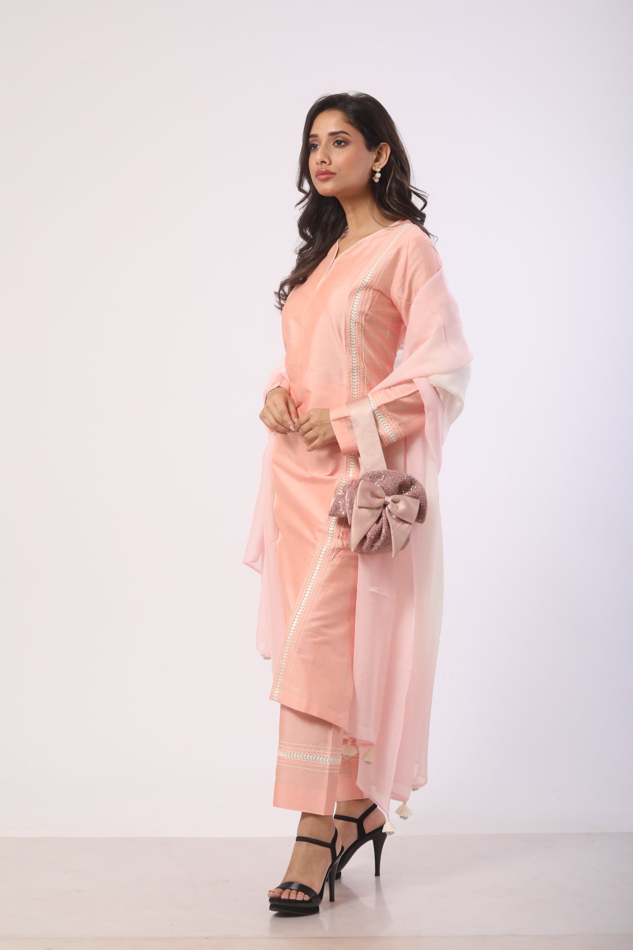 Peach Katan Silk Kurti Set With Ankaring Work & Organza Dupatta