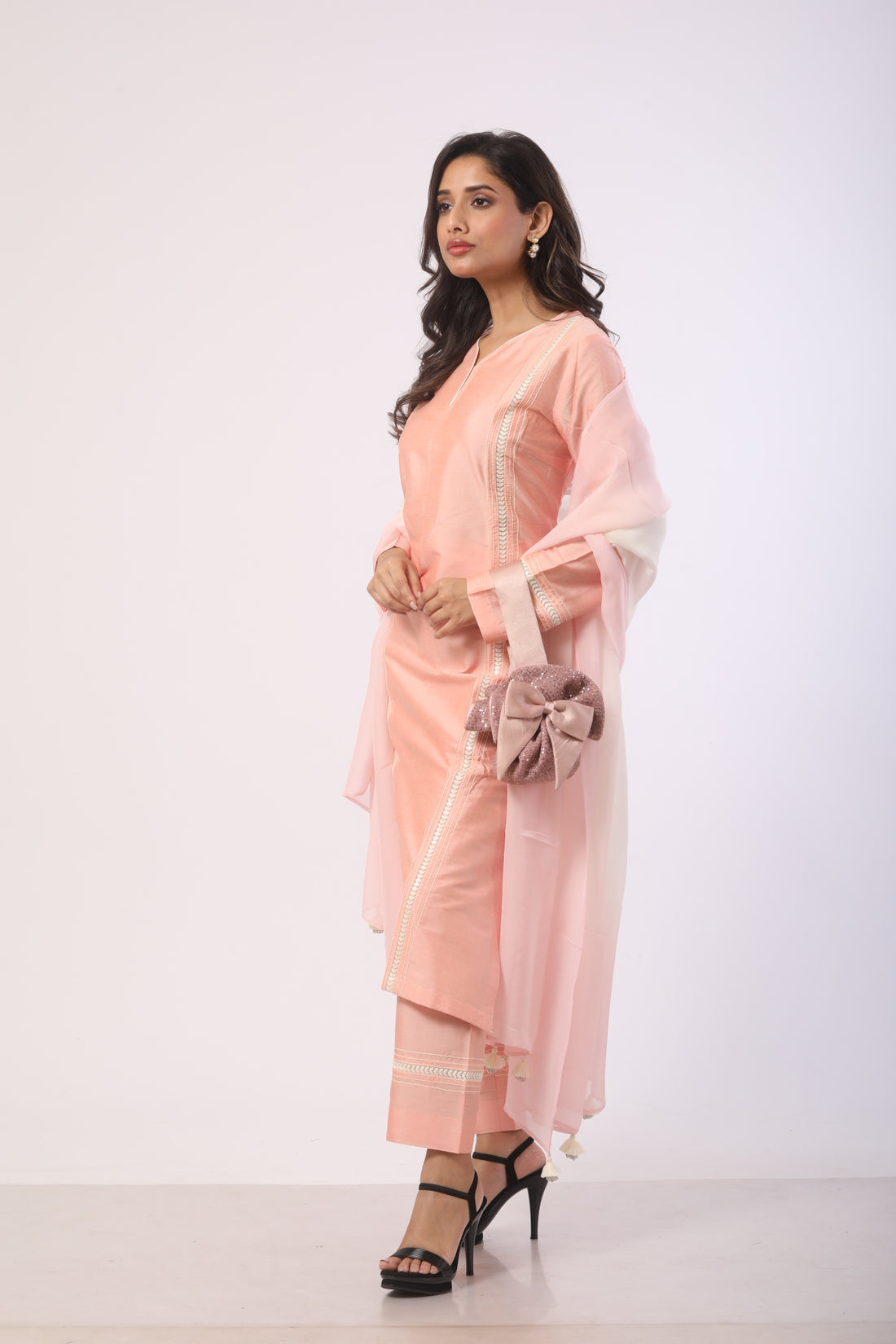 Peach Katan Silk Kurti Set With Ankaring Work & Organza Dupatta