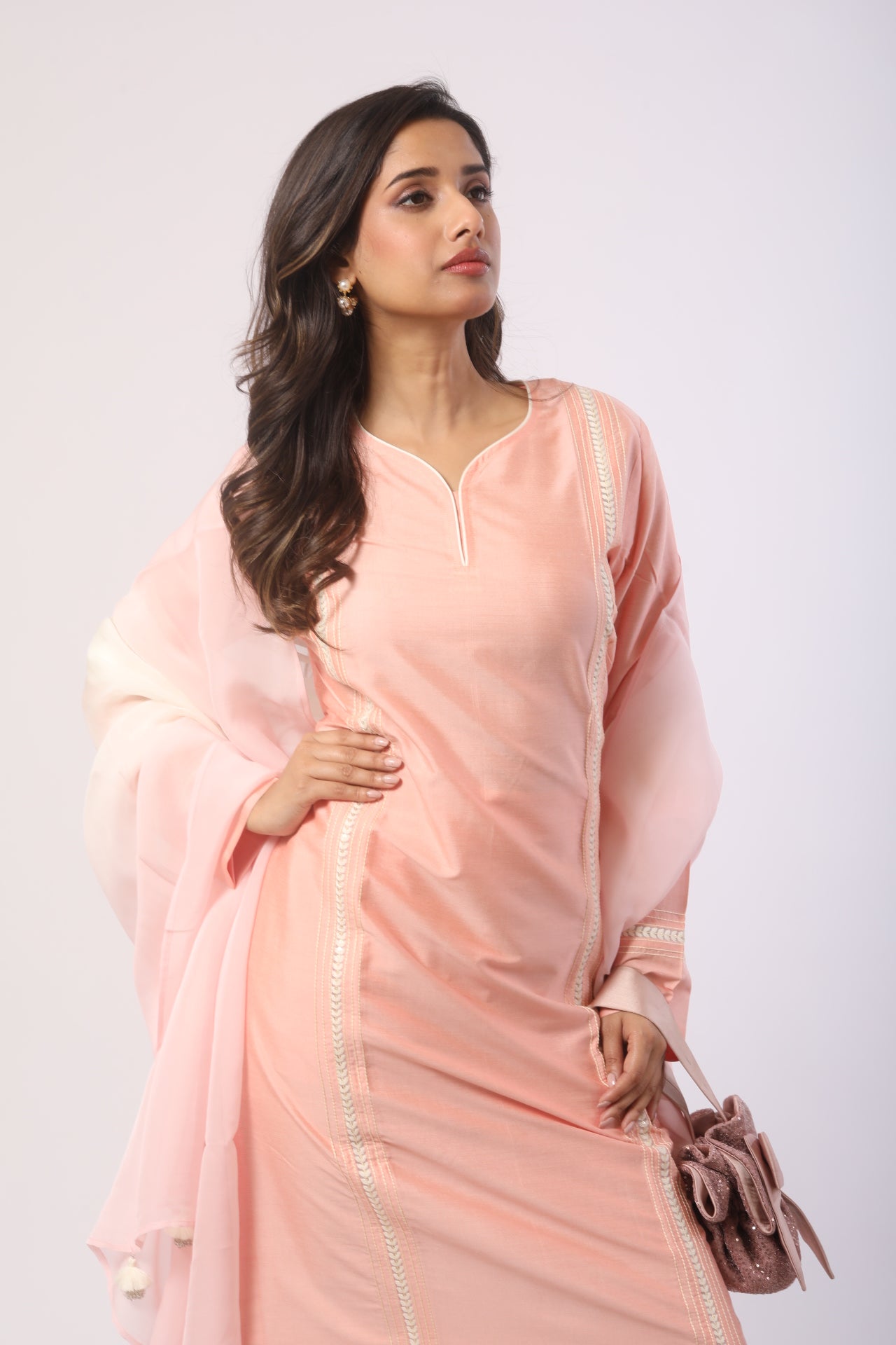 Peach Katan Silk Kurti Set With Ankaring Work & Organza Dupatta