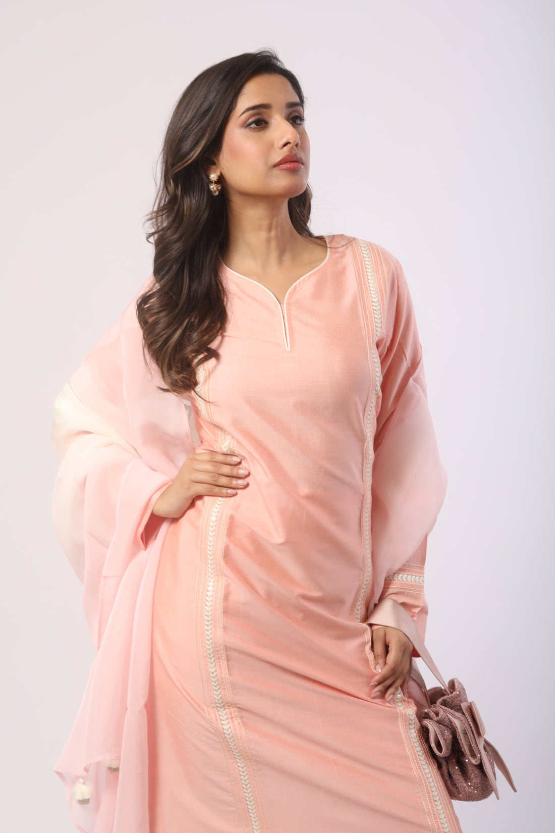 Peach Katan Silk Kurti Set With Ankaring Work & Organza Dupatta