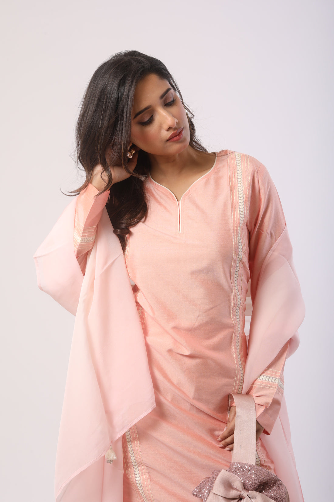 Peach Katan Silk Kurti Set With Ankaring Work & Organza Dupatta
