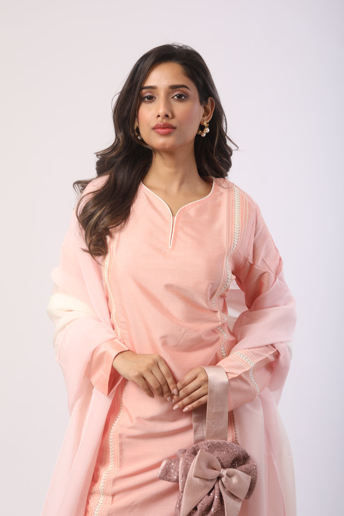 Peach Katan Silk Kurti Set With Ankaring Work & Organza Dupatta