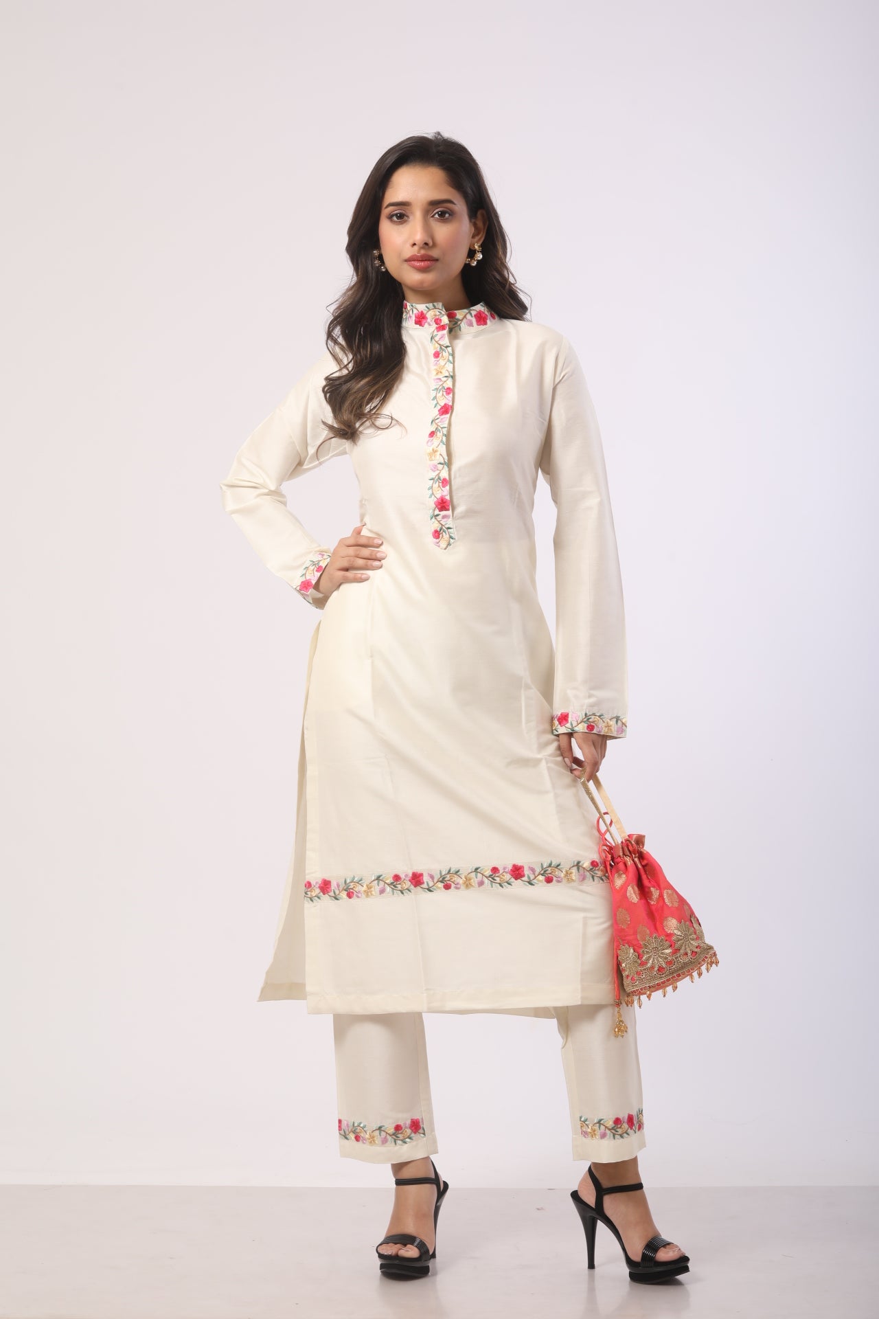 Off-White Katan Silk Embroidered Kurti Set