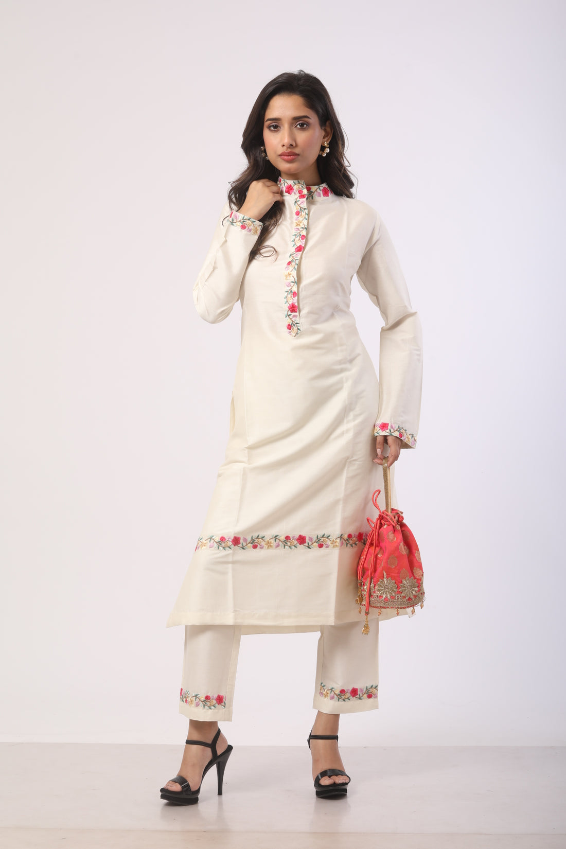 Off-White Katan Silk Embroidered Kurti Set with Pure Organza Dupatta