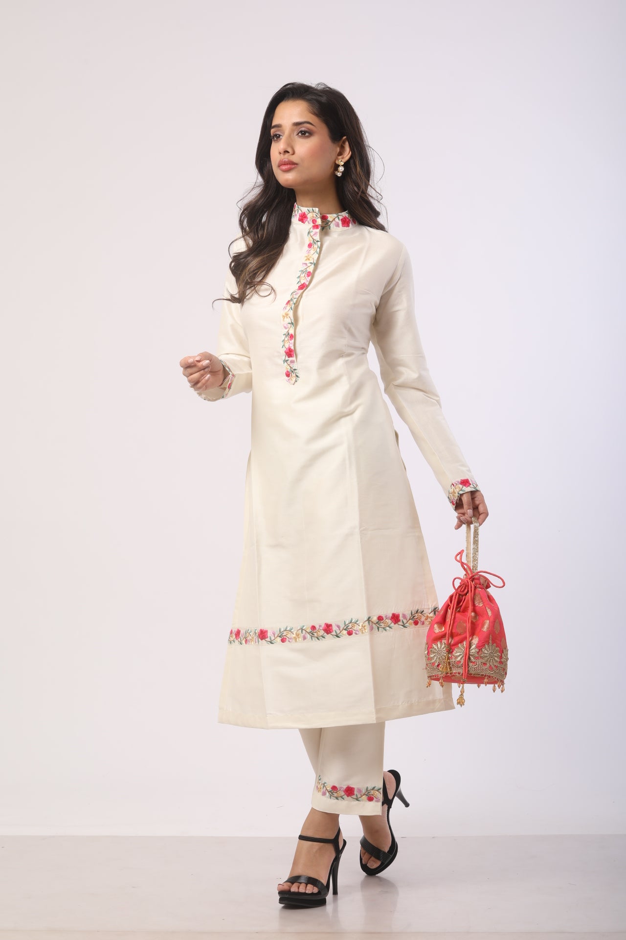 Off-White Katan Silk Embroidered Kurti Set with Pure Organza Dupatta