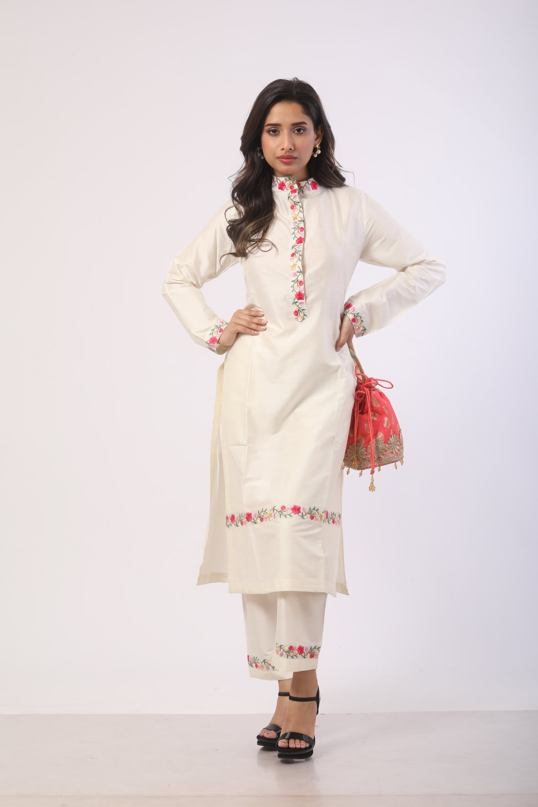Off-White Katan Silk Embroidered Kurti Set with Pure Organza Dupatta