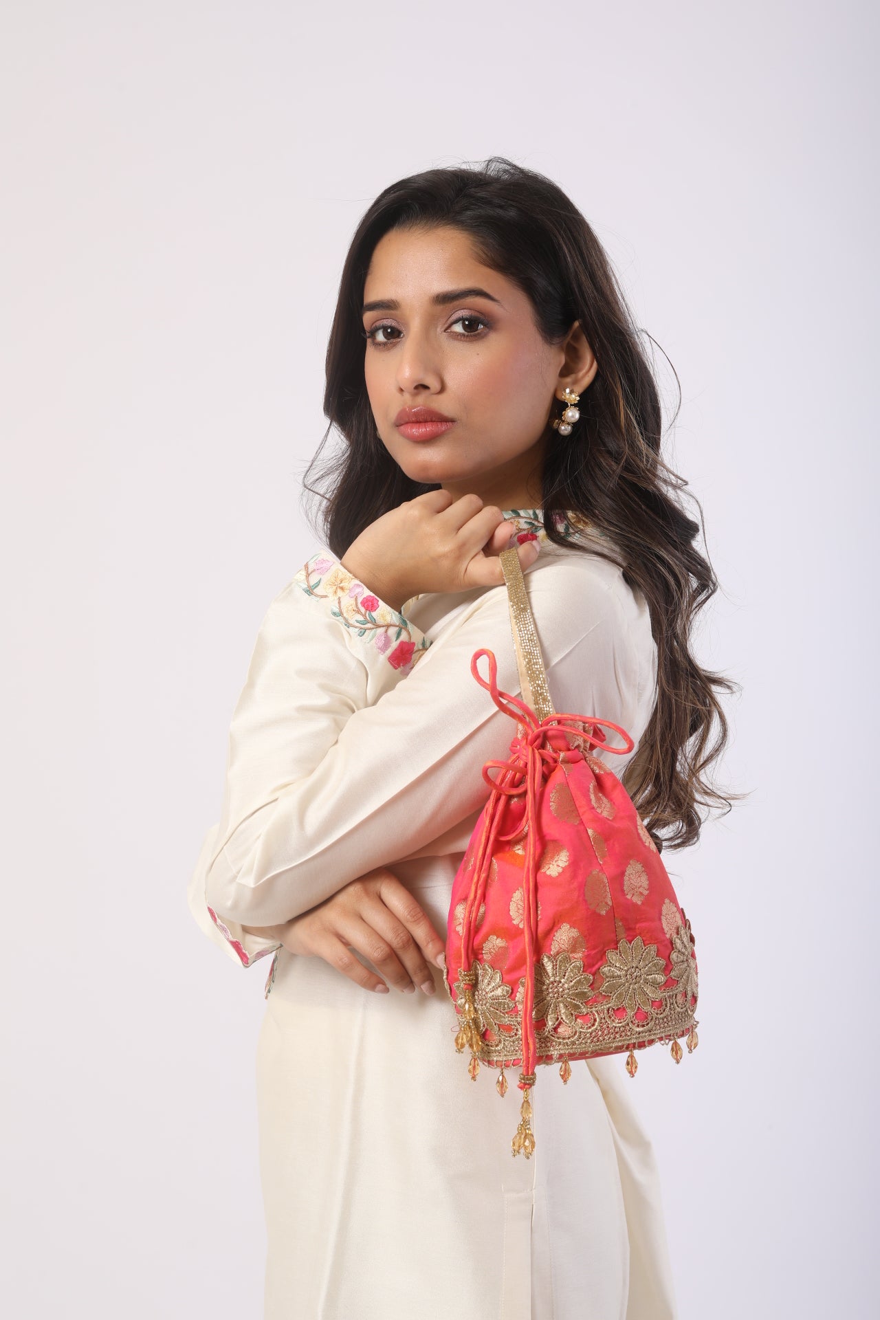 Off-White Katan Silk Embroidered Kurti Set with Pure Organza Dupatta