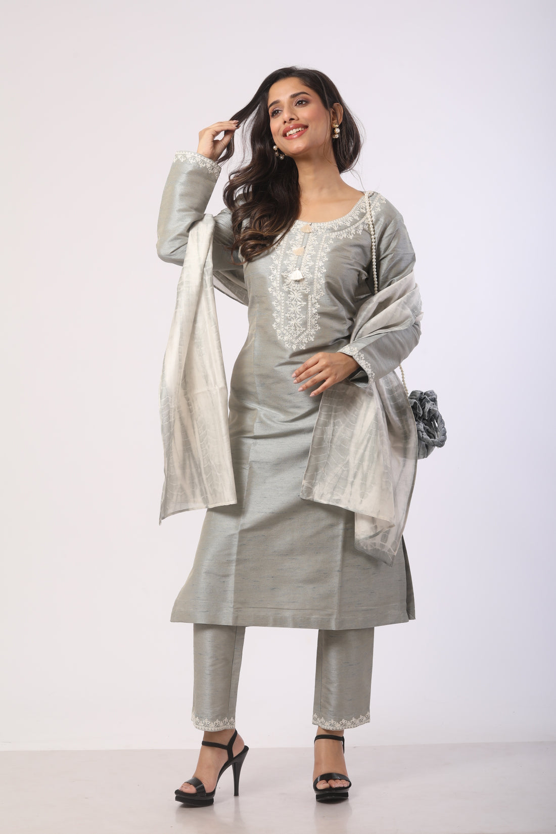 Metallic Grey Seltose Kurti Set with Chanderi Dupatta
