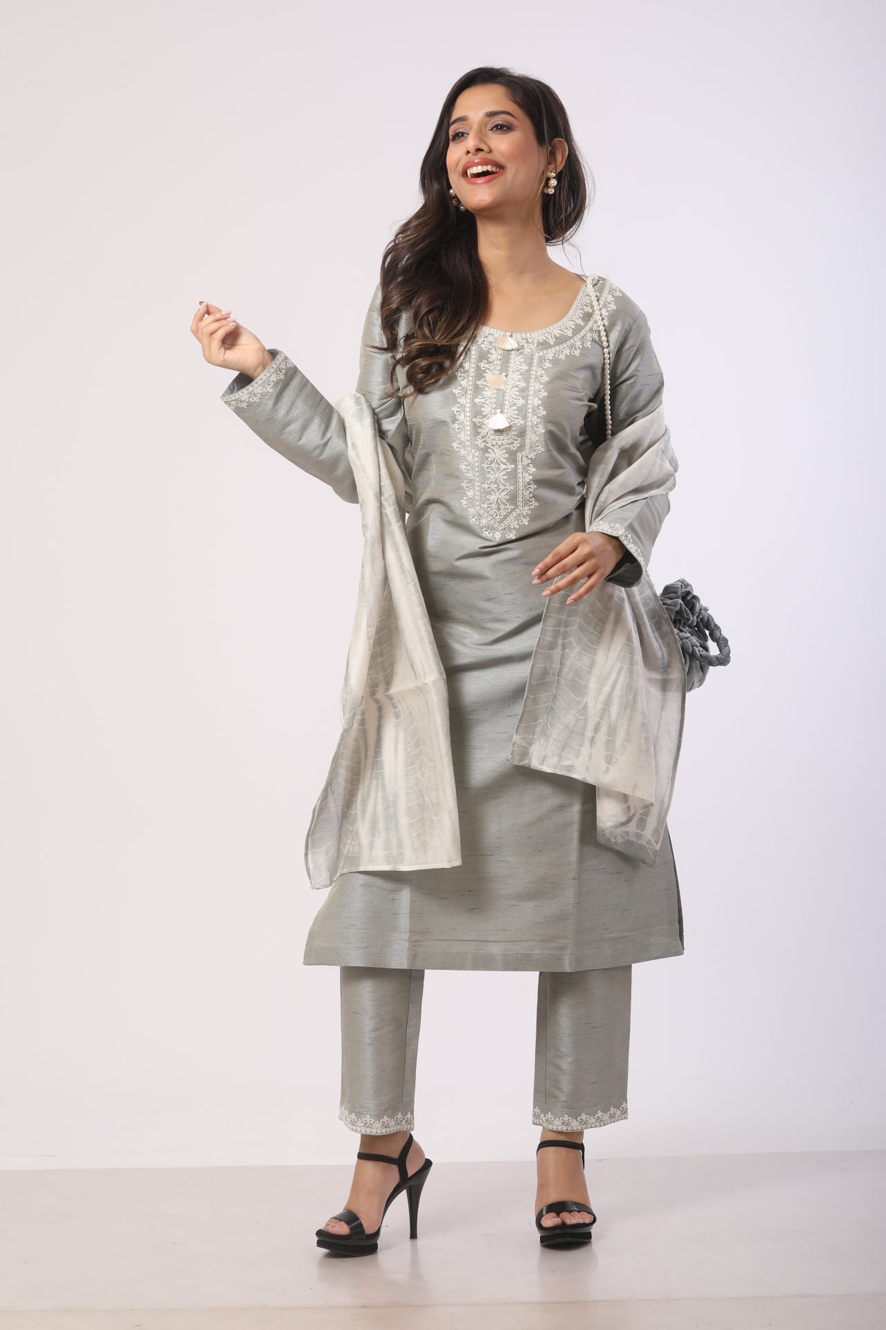 Metallic Grey Seltose Kurti Set with Chanderi Dupatta