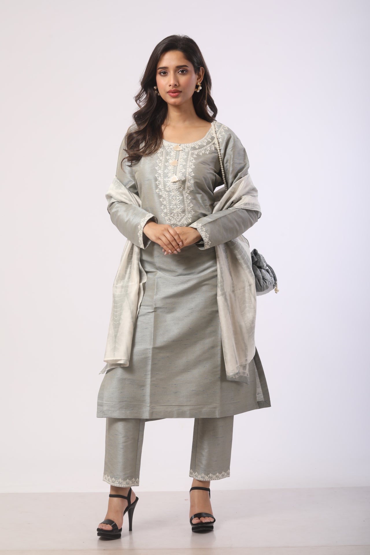 Metallic Grey Seltose Kurti Set with Chanderi Dupatta