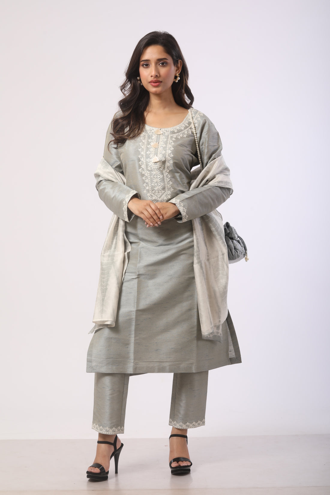 Metallic Grey Seltose Kurti Set with Chanderi Dupatta
