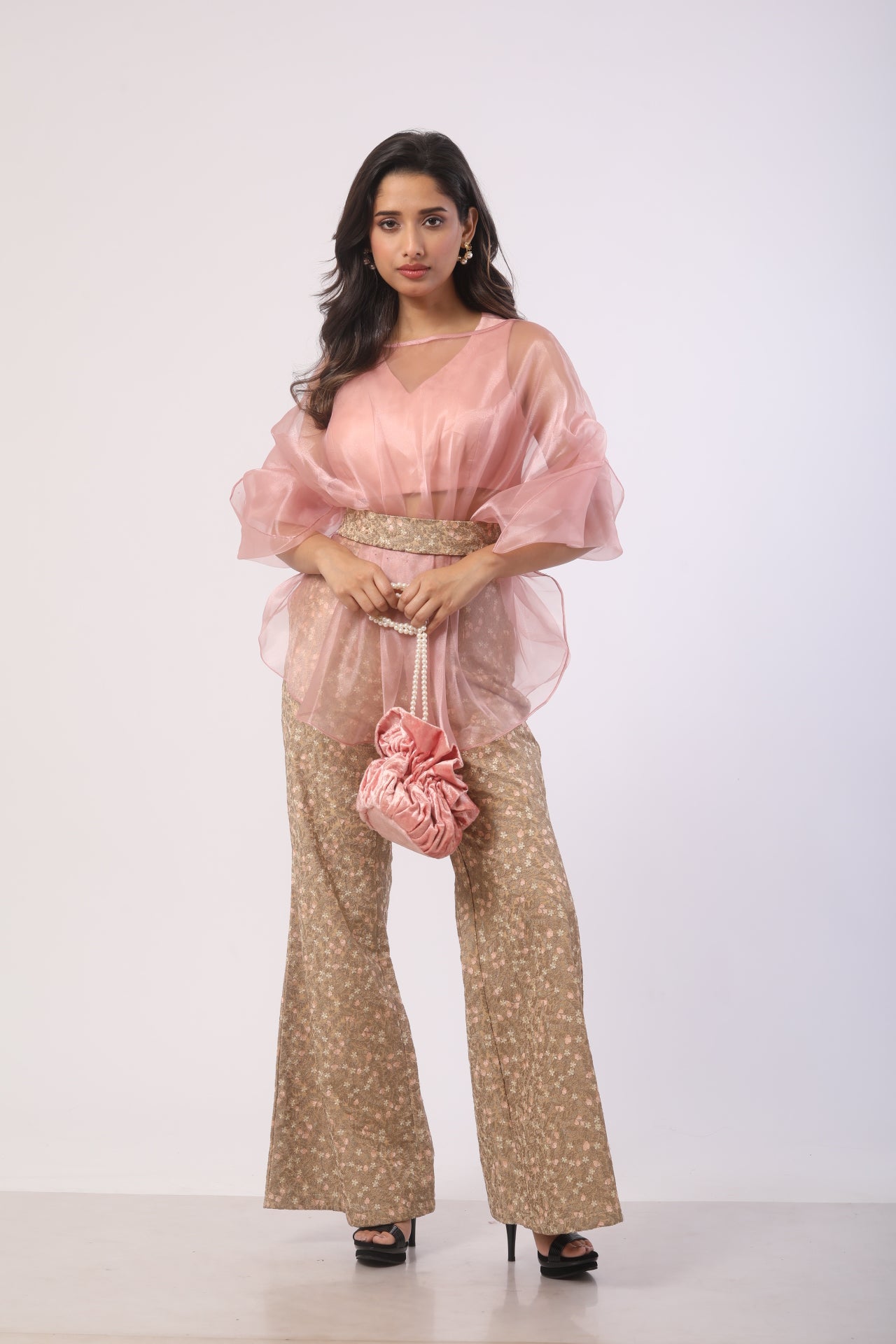 Dusty Mauve & Beige Embroidered Co-Ord Set in Glass Tissue and Viscose