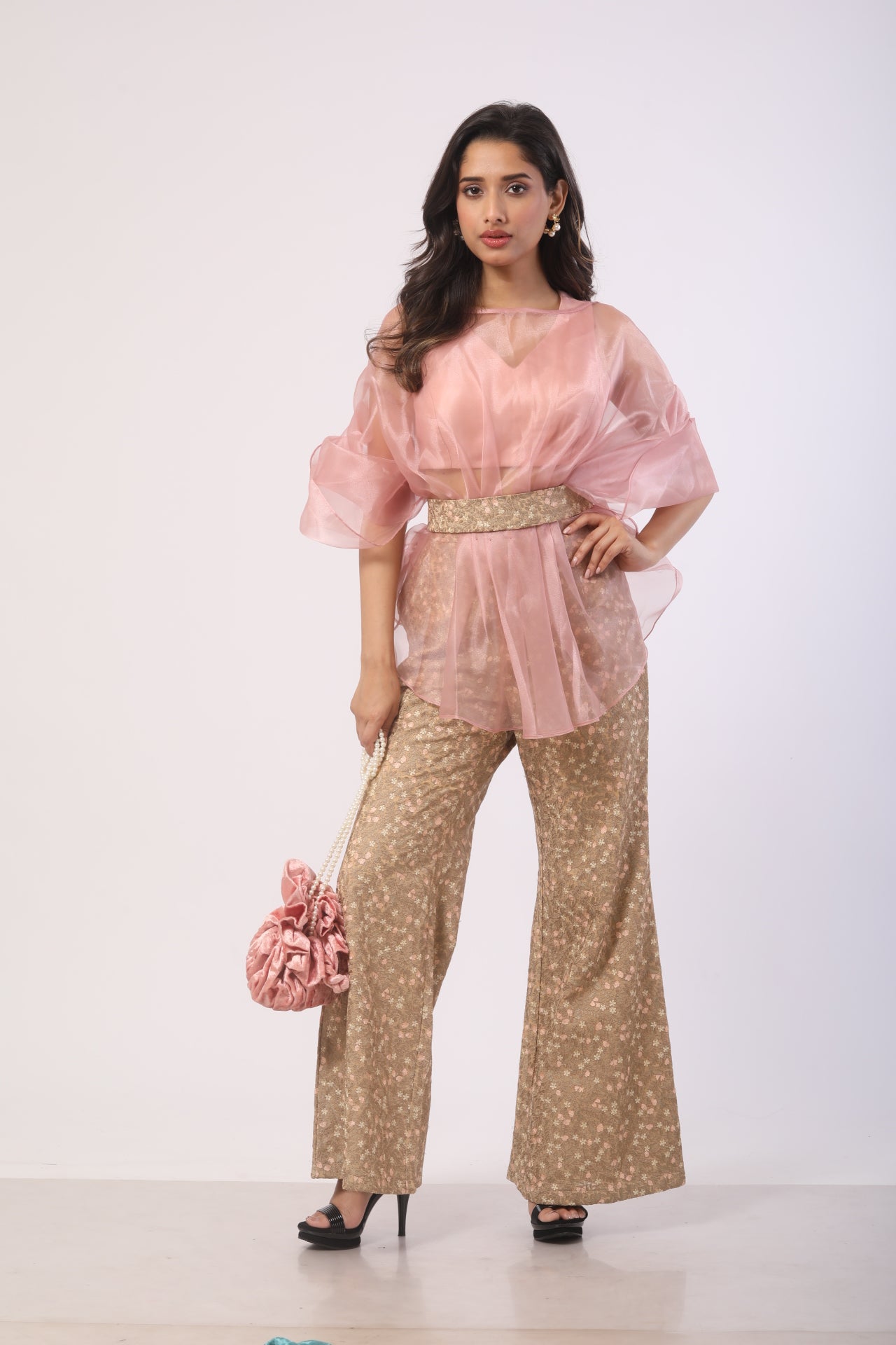 Dusty Mauve & Beige Embroidered Co-Ord Set in Glass Tissue and Viscose