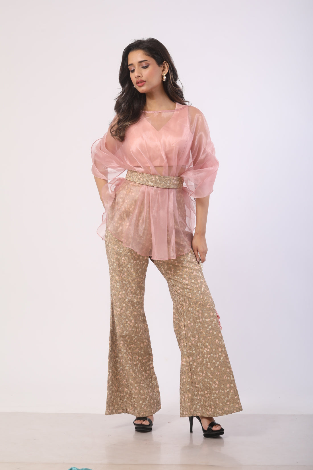 Dusty Mauve & Beige Embroidered Co-Ord Set in Glass Tissue and Viscose