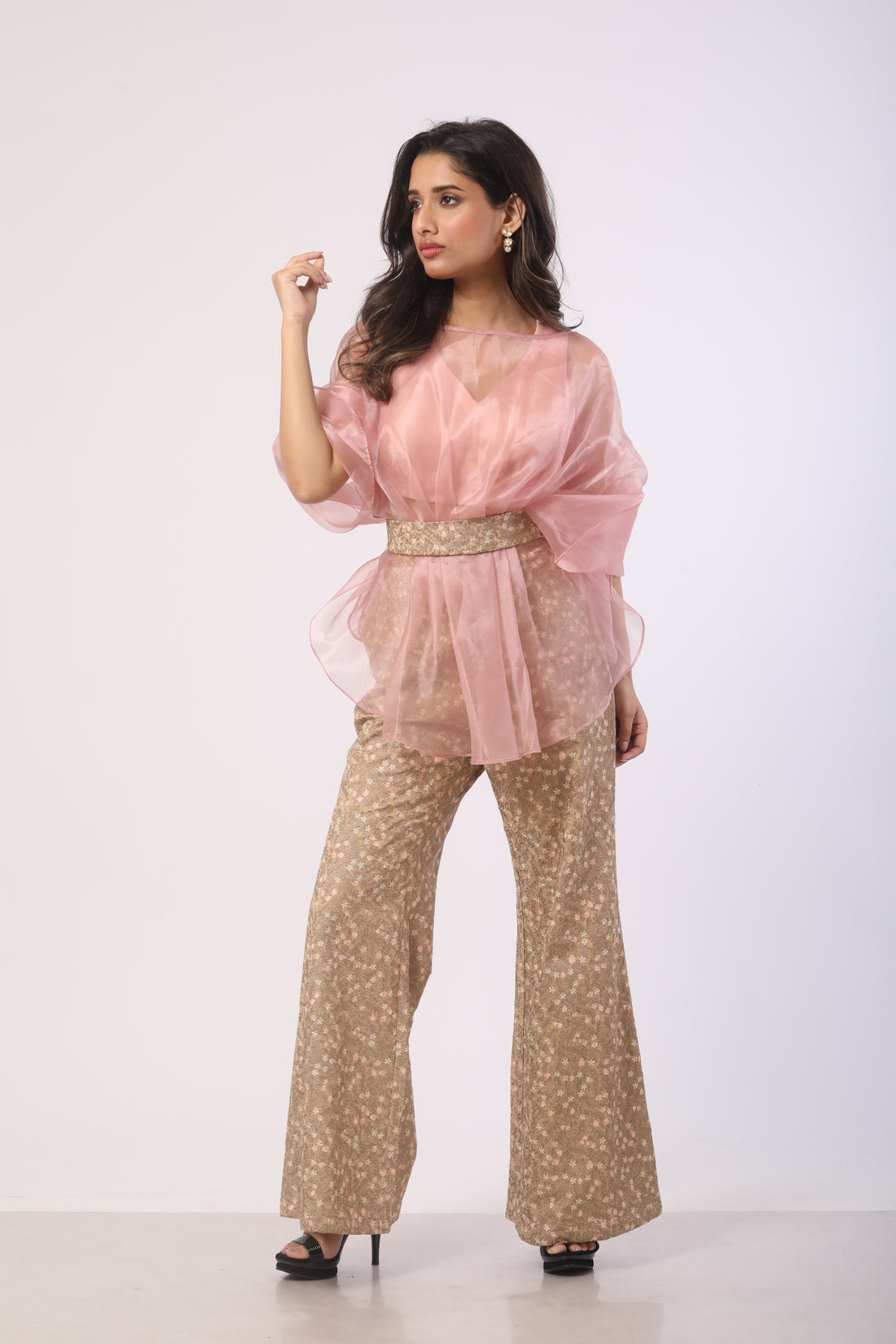 Dusty Mauve & Beige Embroidered Co-Ord Set in Glass Tissue and Viscose
