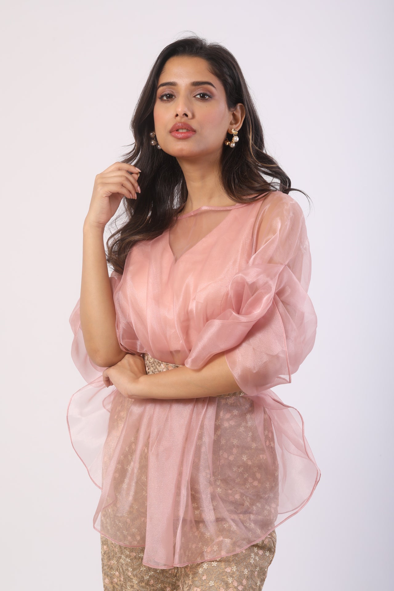 Dusty Mauve & Beige Embroidered Co-Ord Set in Glass Tissue and Viscose