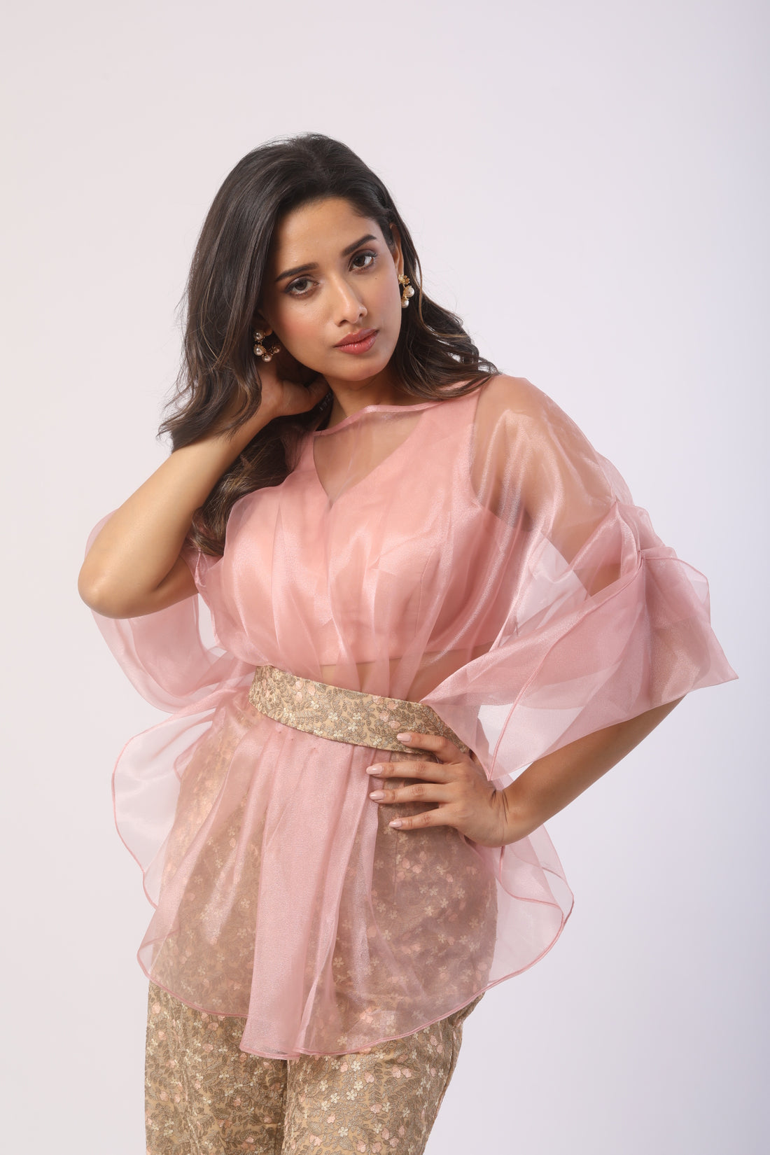 Dusty Mauve & Beige Embroidered Co-Ord Set in Glass Tissue and Viscose