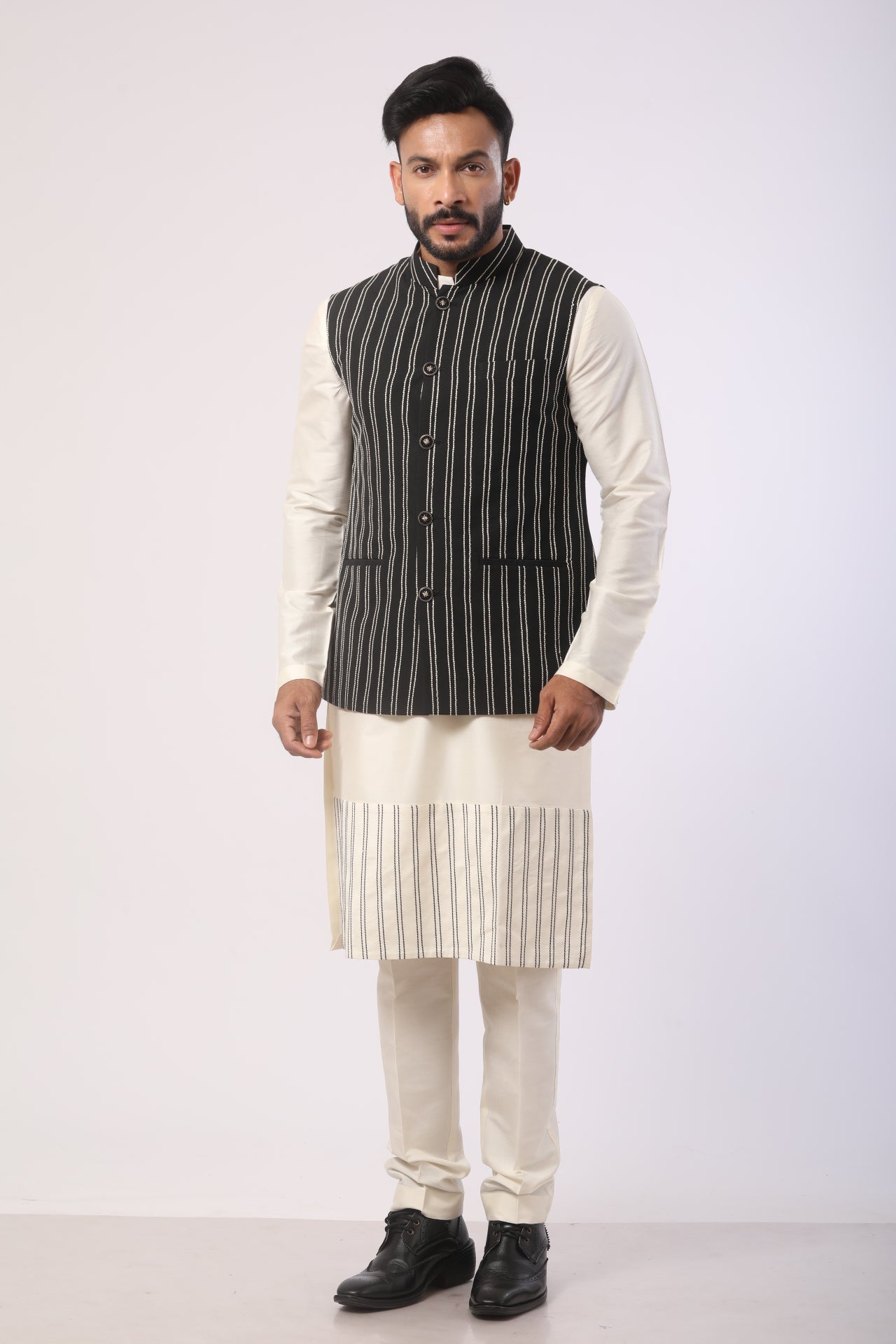 Affifa Black Nehru Jacket Kurta Set in Katan Silk