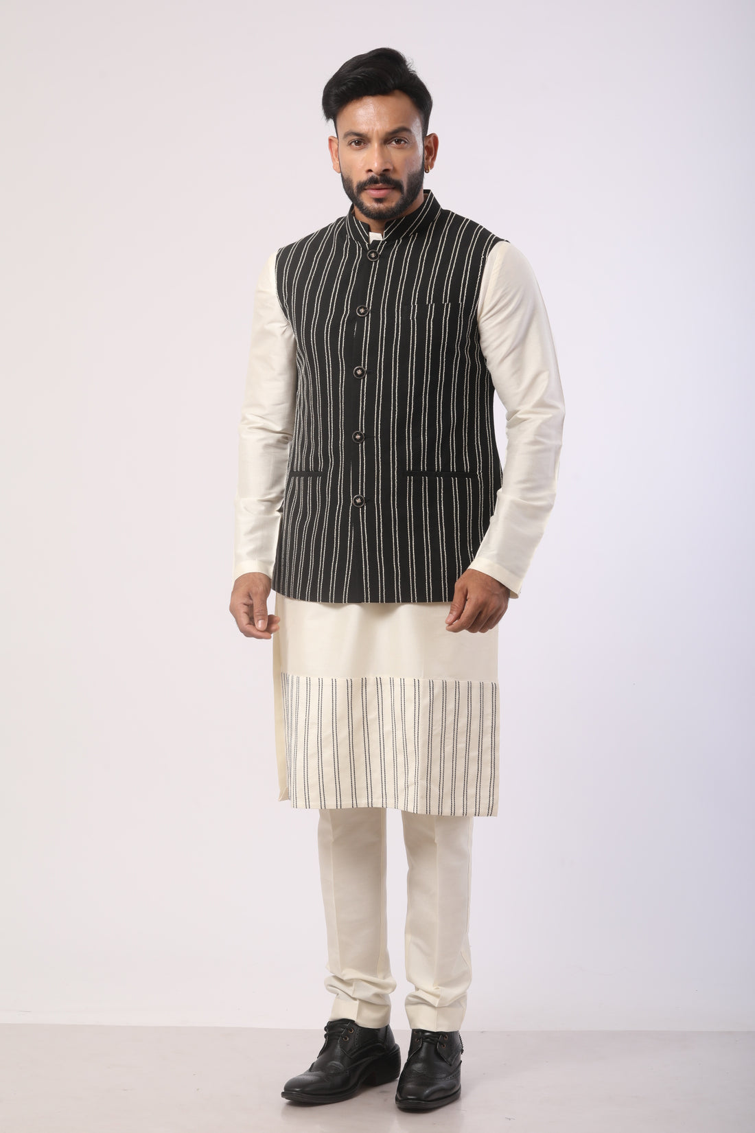 Affifa Black Nehru Jacket Kurta Set in Katan Silk