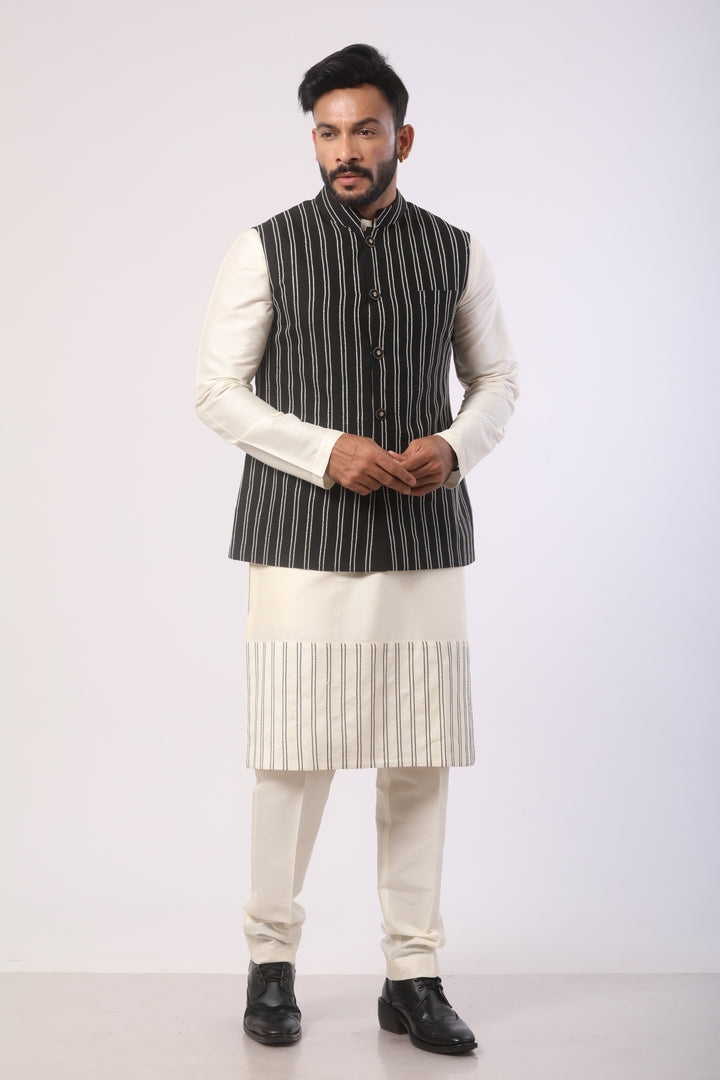 Affifa Black Nehru Jacket Kurta Set in Katan Silk
