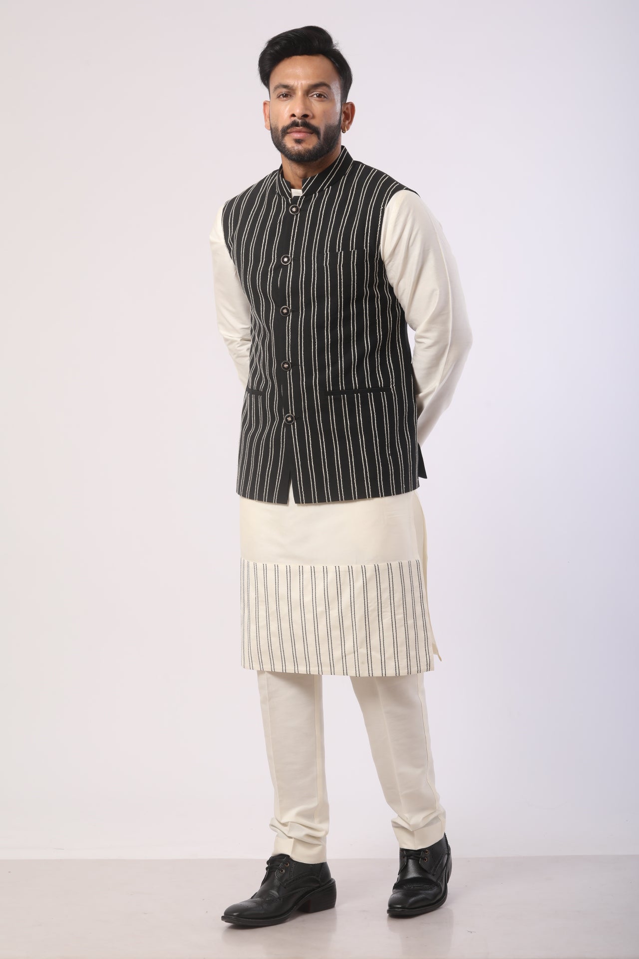 Affifa Black Nehru Jacket Kurta Set in Katan Silk