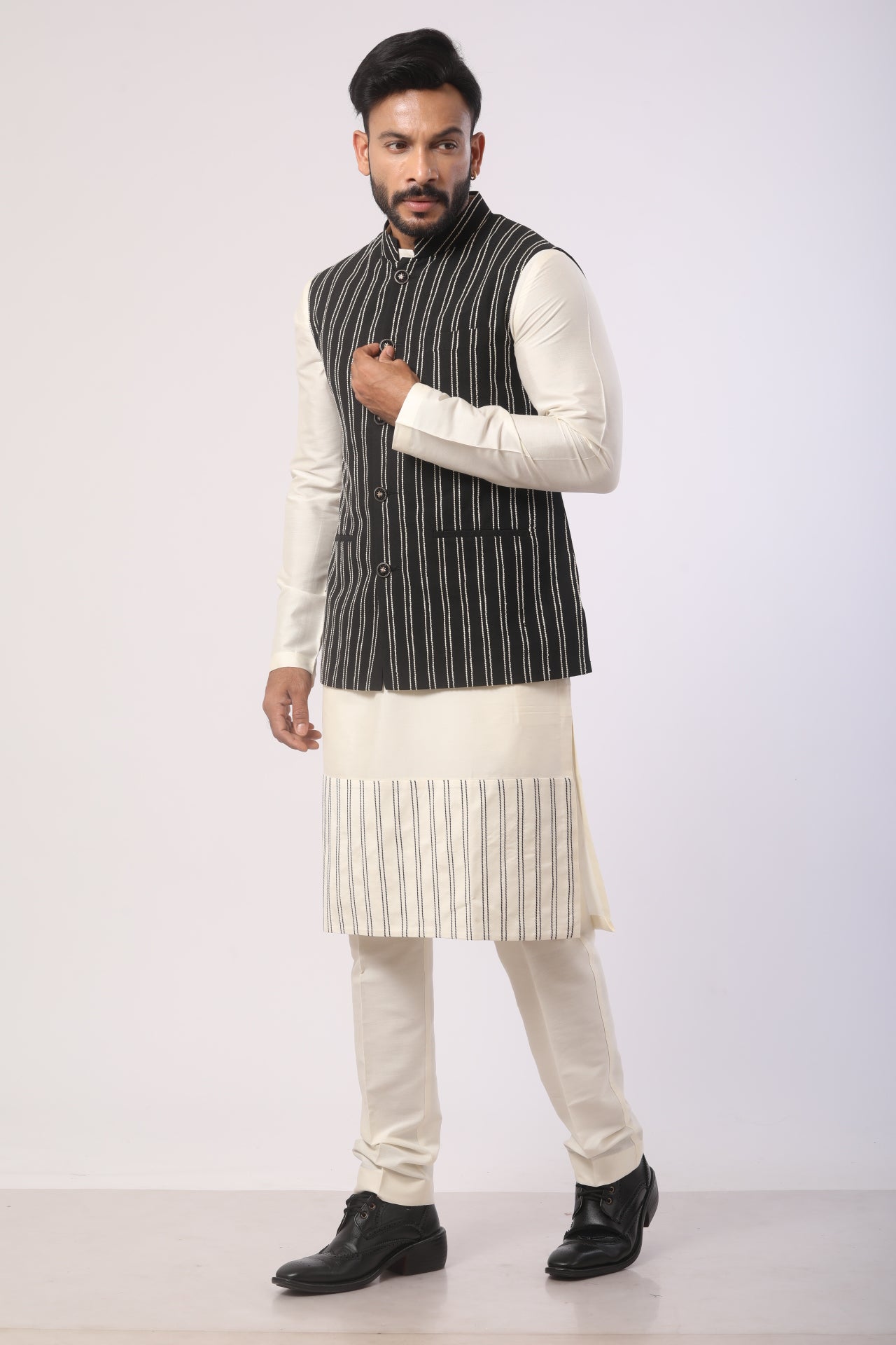 Affifa Black Nehru Jacket Kurta Set in Katan Silk
