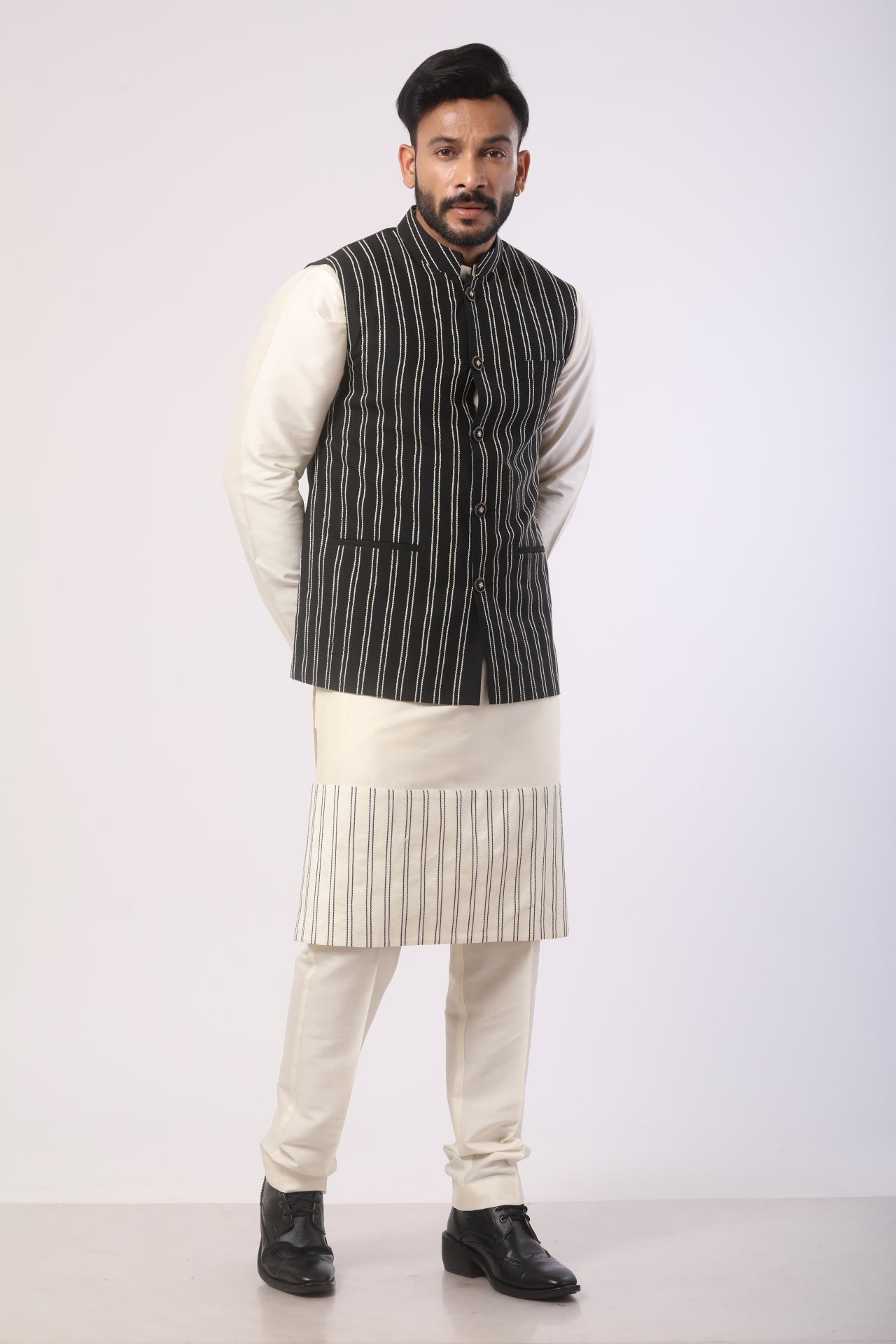 Affifa Black Nehru Jacket Kurta Set in Katan Silk