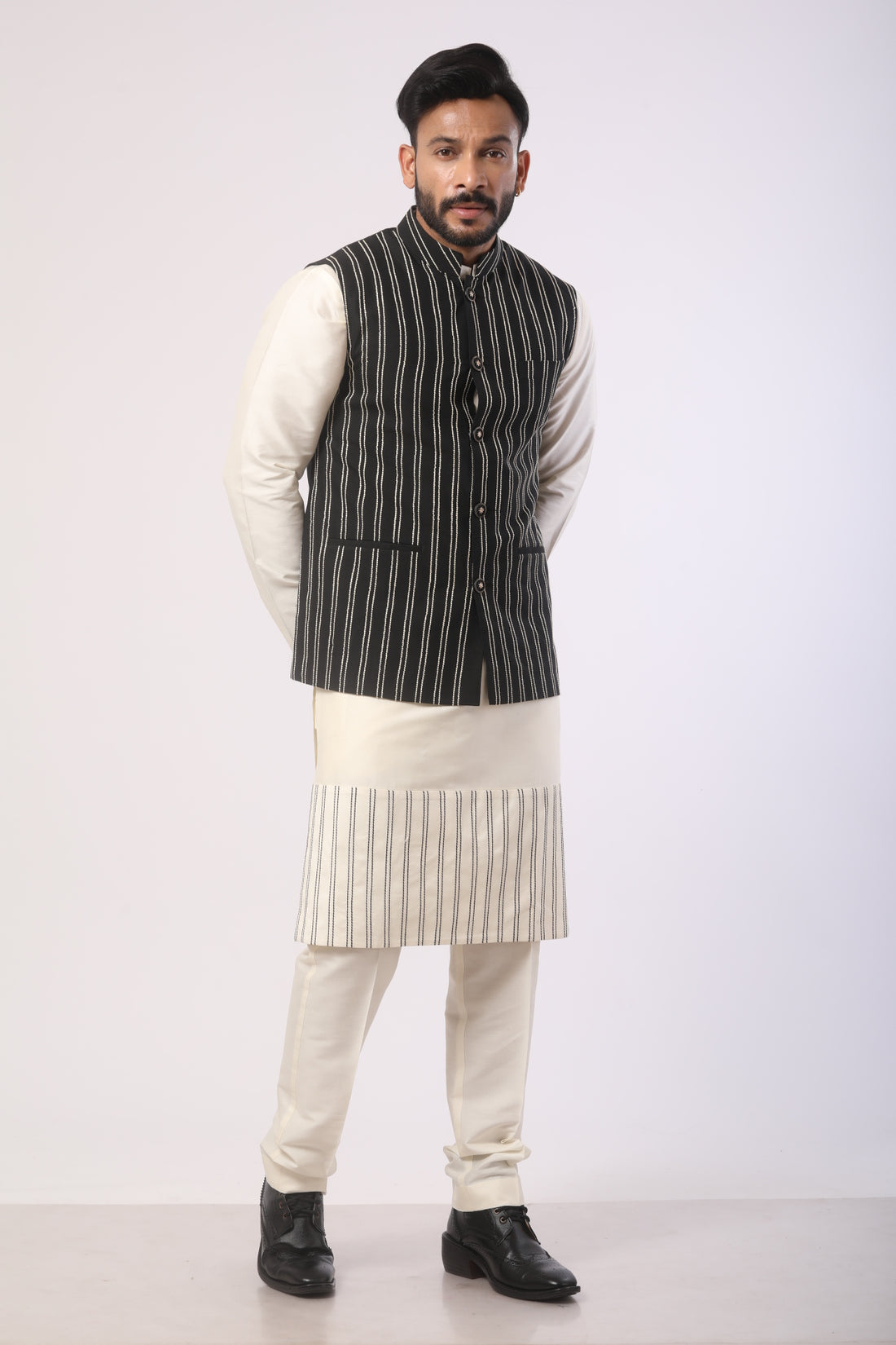 Affifa Black Nehru Jacket Kurta Set in Katan Silk