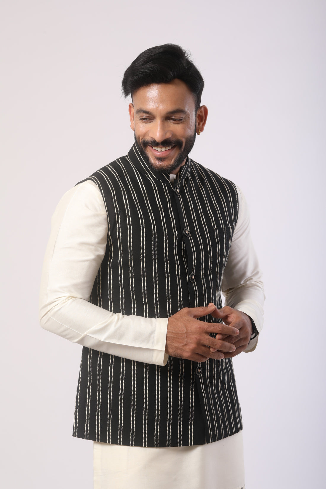 Affifa Black Nehru Jacket Kurta Set in Katan Silk