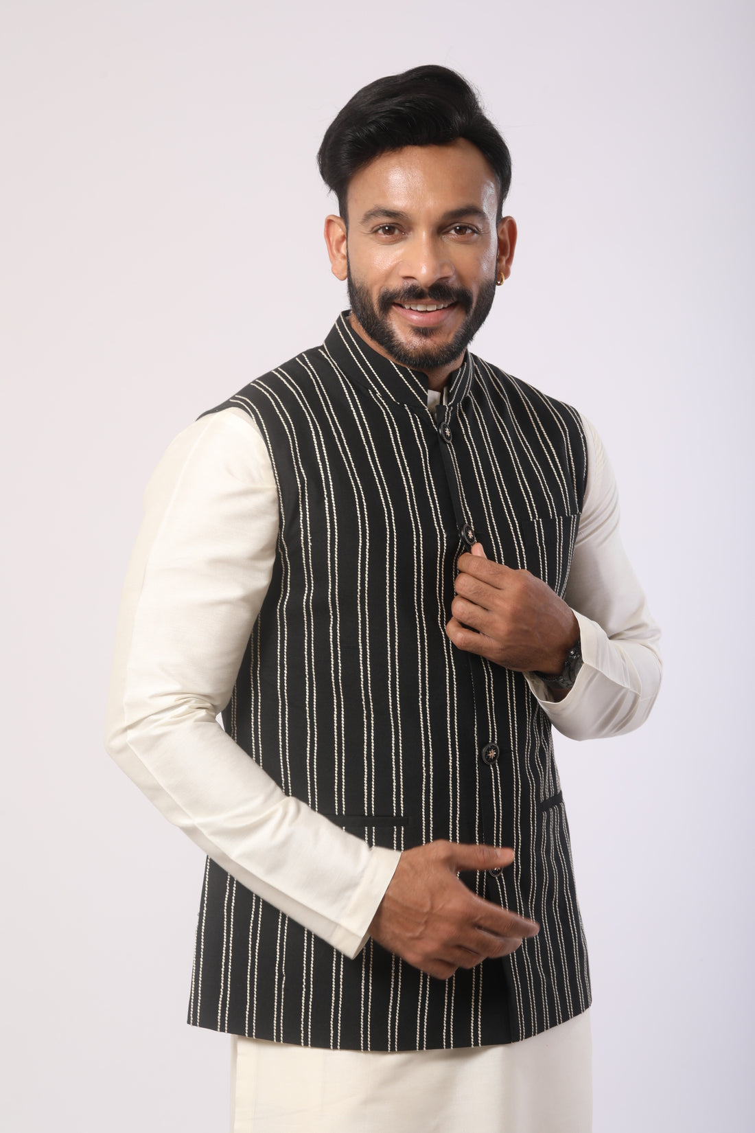 Affifa Black Nehru Jacket Kurta Set in Katan Silk
